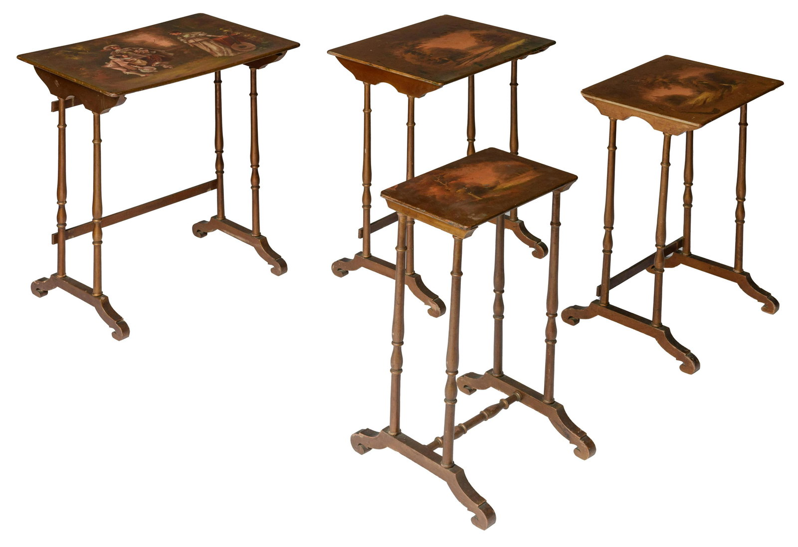 A nest of four occasional tables, with scenes in the: A nest of four occasional tables ('tables gigognes'), the tabletops decorated in the Vernis Martin manner with handpainted scenes of a gallant company in a pastoral setting, signed L. Destry, H 65,5 -