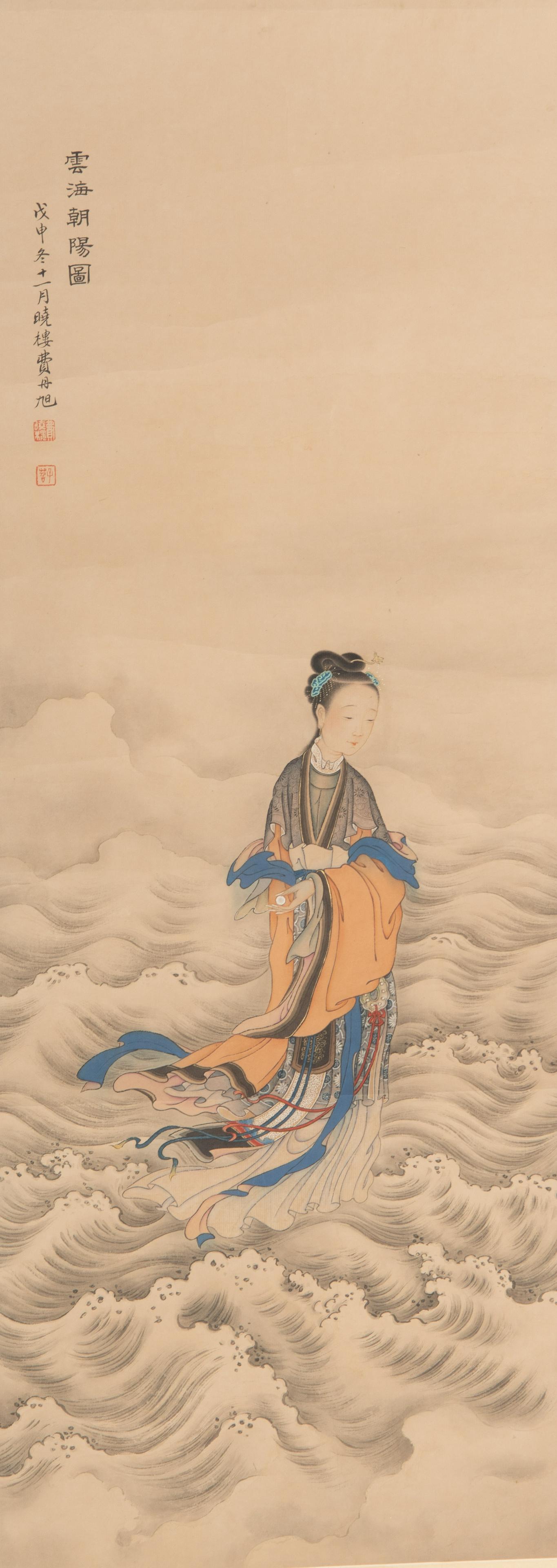 A Chinese scroll, ink on paper, after Fei Danxu,: A Chinese scroll, ink on paper, after Fei Danxu, picturing a female Immortal, Republic period, 80 x 30 cm