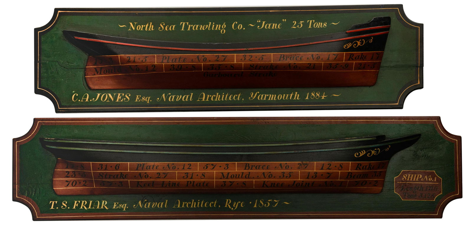 Two English ship models, W 100,5 - 114 cm: Two English ship models, one titled 'Jane' and designed by naval architect C.A. Jones in 1882, the other 'Ship NÂ° 1' designed by T.S Friar in 1857, W 100,5 - 114 cm