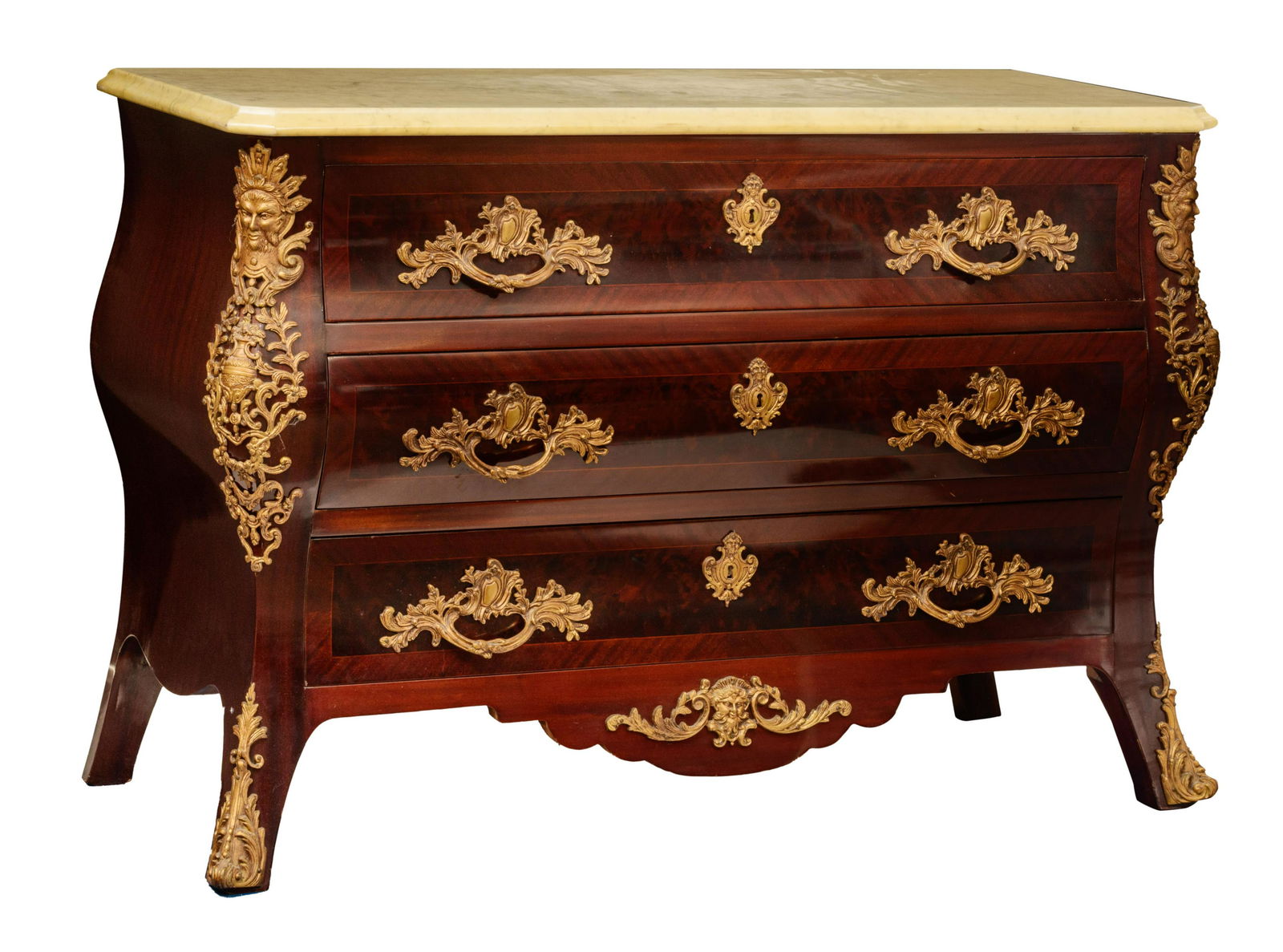 A mahogany veneered 'commode Ã la RÃ©gÃ¨nce', H 91 - W: A mahogany veneered 'commode Ã la RÃ©gÃ¨nce', H 91 - W 131 - D 52 cmA mahogany veneered 'commode Ã la RÃ©gÃ¨nce', with bronze mounts and a marble top, 20thC, H 91 - W 131 - D 52 cm