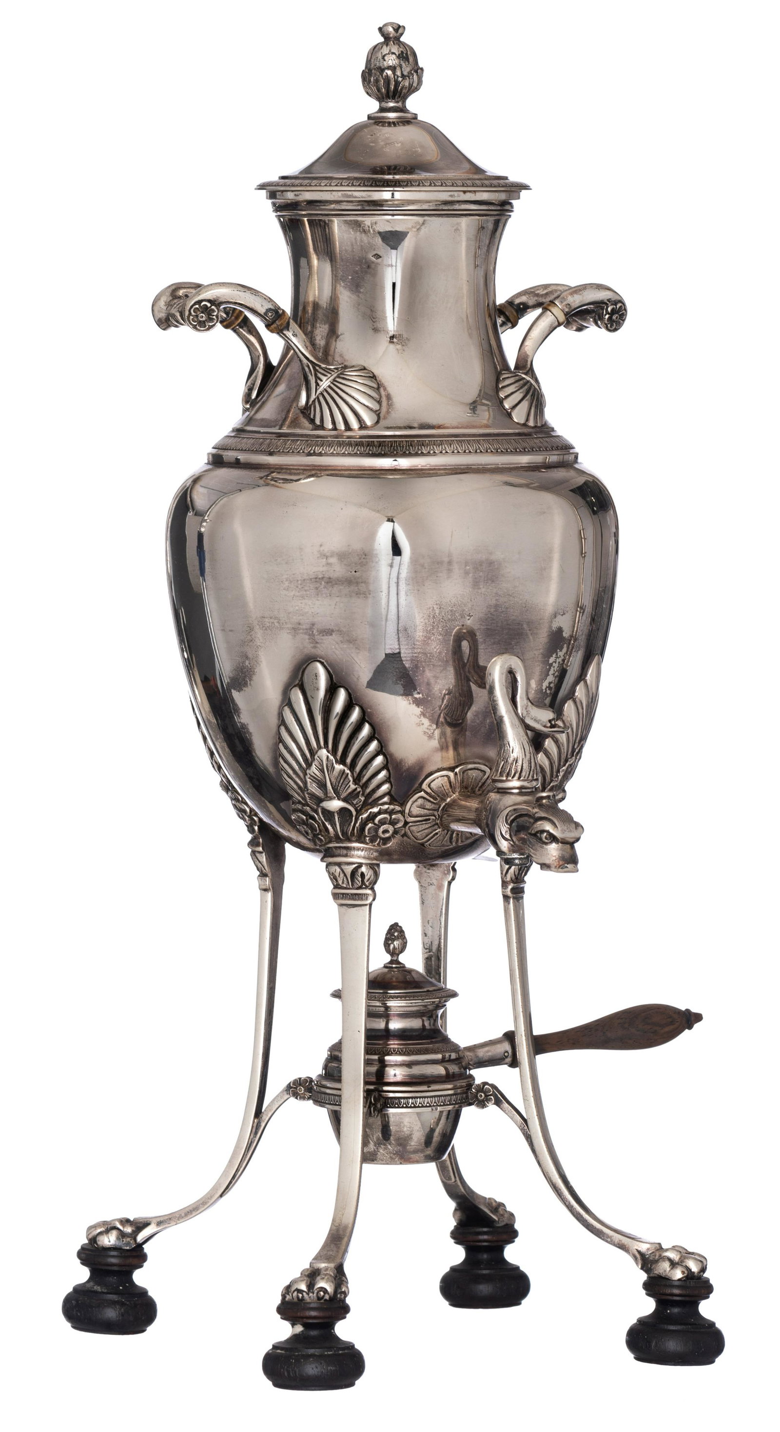 A French 19thC silver Empire style bouilloire (tea: A French 19thC silver Empire style bouilloire (tea kettle), H 46,2 cm - weight 2.260 g. Maker's mark G.M., first silver purity, the burner is silver as well, the handles walnut and ebonized walnut