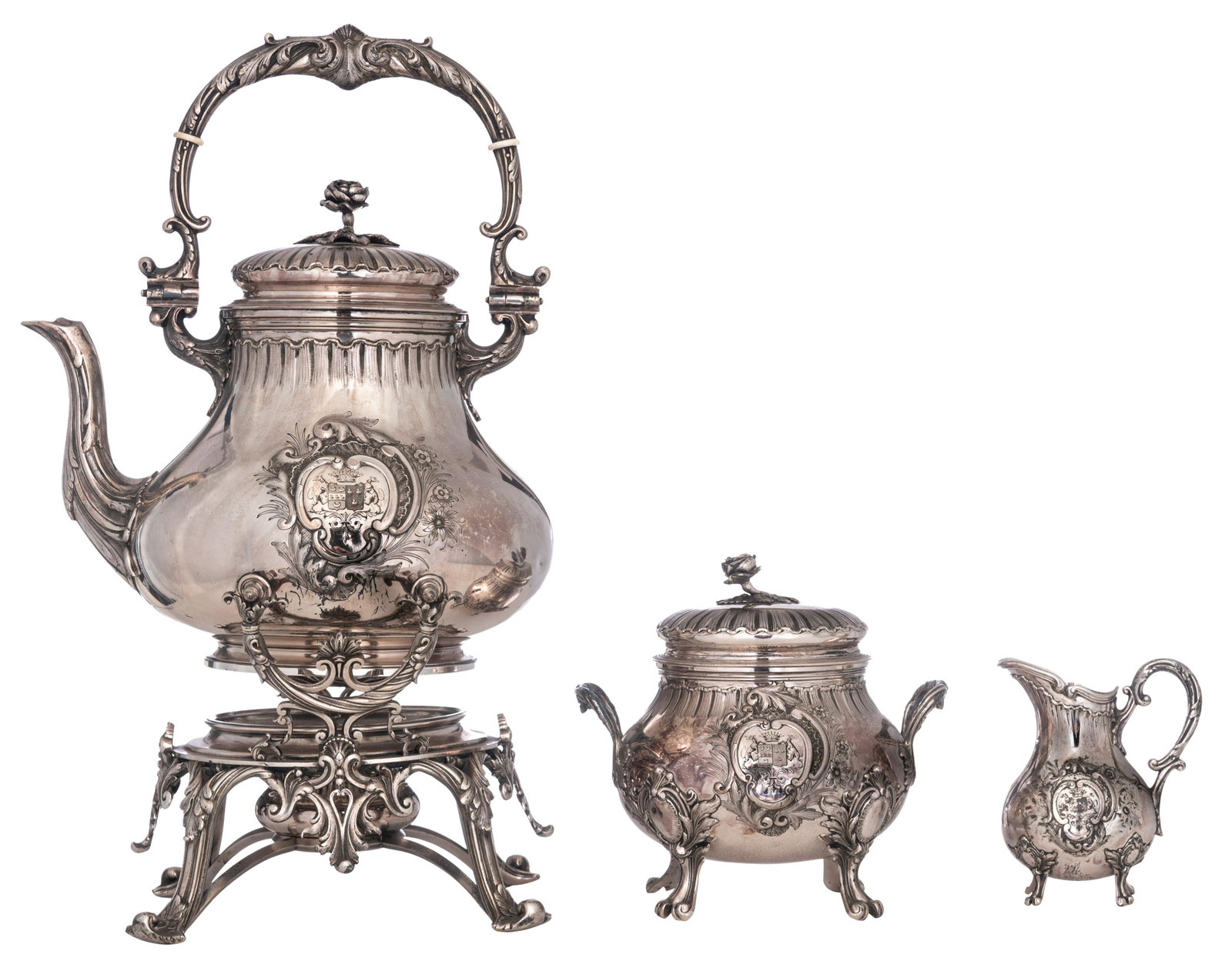 A three-part French silver tea set, makerÂ´s mark: A three-part French silver tea set, makerÂ´s mark 'Boyer - Gallot - StÃ© SGDG', H 12,2 - 31 cm / total weight c. 2.485 g. Consisting of: - a bouilloire (tea kettle), H 31 cm - weight 1.726 g - a s