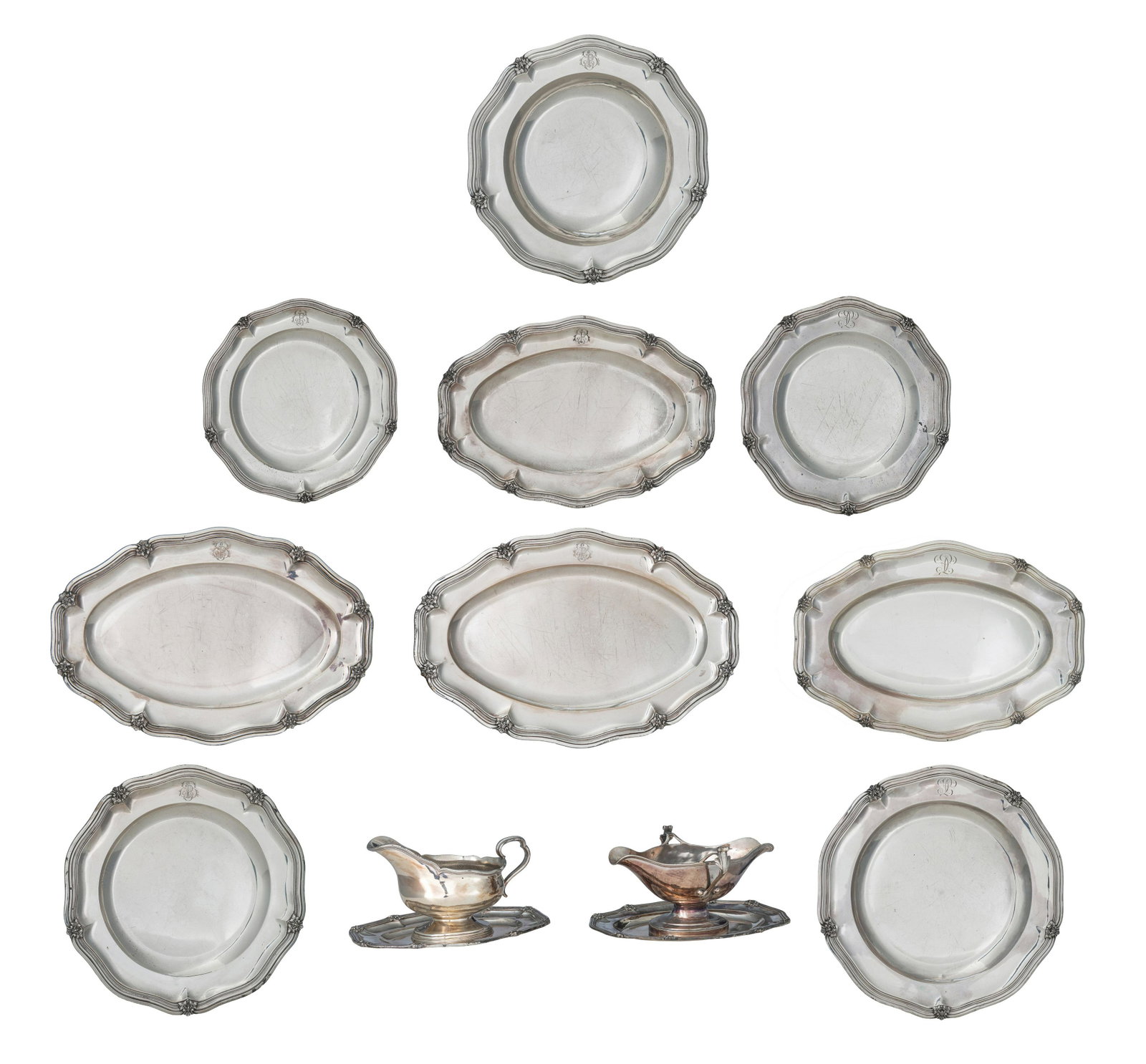 An important set of various French rococo style: An important set of various French rococo style inspired tableware, W 24,2 - 45,3 cm / Ã˜ 25 - 34,2 cm / total weight c. 9.650 g. All items 1st silver purity (950/000); consisting of two oval servin