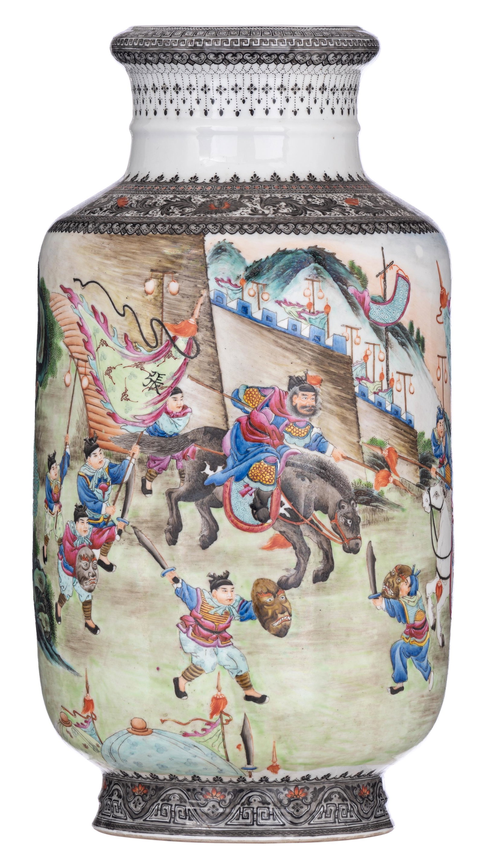 A Chinese 'xin fencai' vase, with Qianlong mark,: A Chinese 'xin fencai' vase, with Qianlong mark, 20thC, H 40 cm A Chinese Republic period 'xin fencai' vase, decorated with a battle scene from the Romance Of The Three Kingdoms in the famille rose pa