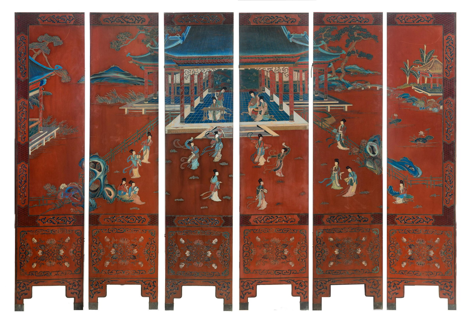 A Chinese six-fold lacquered chamber screen, late: A Chinese six-fold lacquered chamber screen, late 19thC/20thC, Dimensions of one panel 183,3 x 40,5 cm A Chinese six-fold lacquered chamber screen, depicting beauties in court, dancing and playing mus