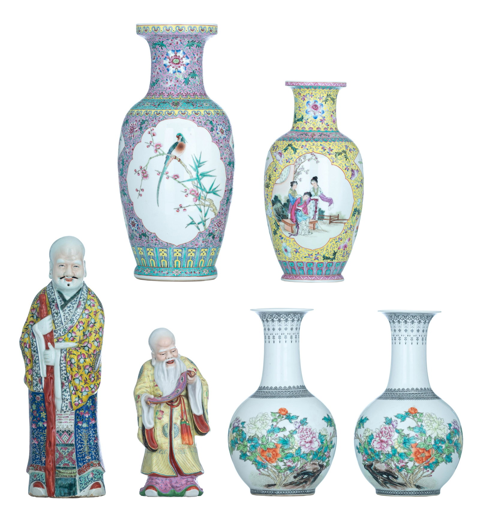 A collection of Chinese vases and figures, 20thC,: A collection of Chinese vases and figures, 20thC, Tallest H 47 cm A collection of Chinese vases and figures, 20thC, Tallest H 46 cm Two figures depicting Shou Xing, H 47 and 30 cm Two bottle vases, de