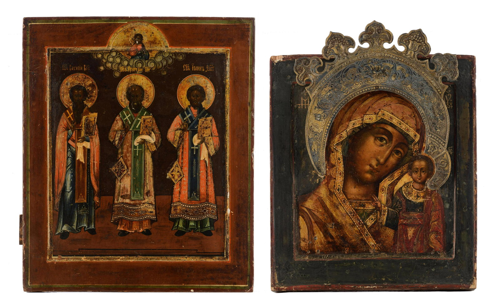 Two Russian icons, 19thC, 27 x 35 - 30 x 36 cmâ€¦: Two Russian icons, 19thC, 27 x 35 - 30 x 36 cm A Russian icon depicting the Three Hierarchs of Orthodoxy: Basil of Caesarea, John Chrysostom and Gregory of Nazianzus, 19thC, tempera on walnut, 30 x 36