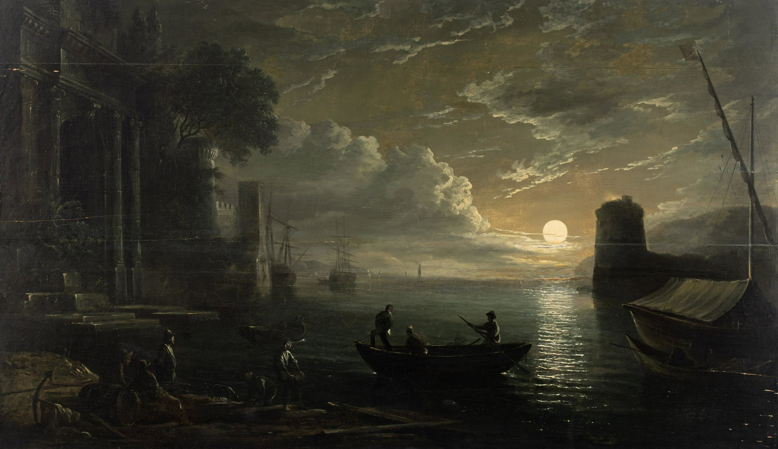 A moonlight marine view with embarking boats near a: A moonlight marine view with embarking boats near a harbour, oil on panel, 55 x 95 cm No visible signature, in the manner of Aart van der Neer (1603-1677).