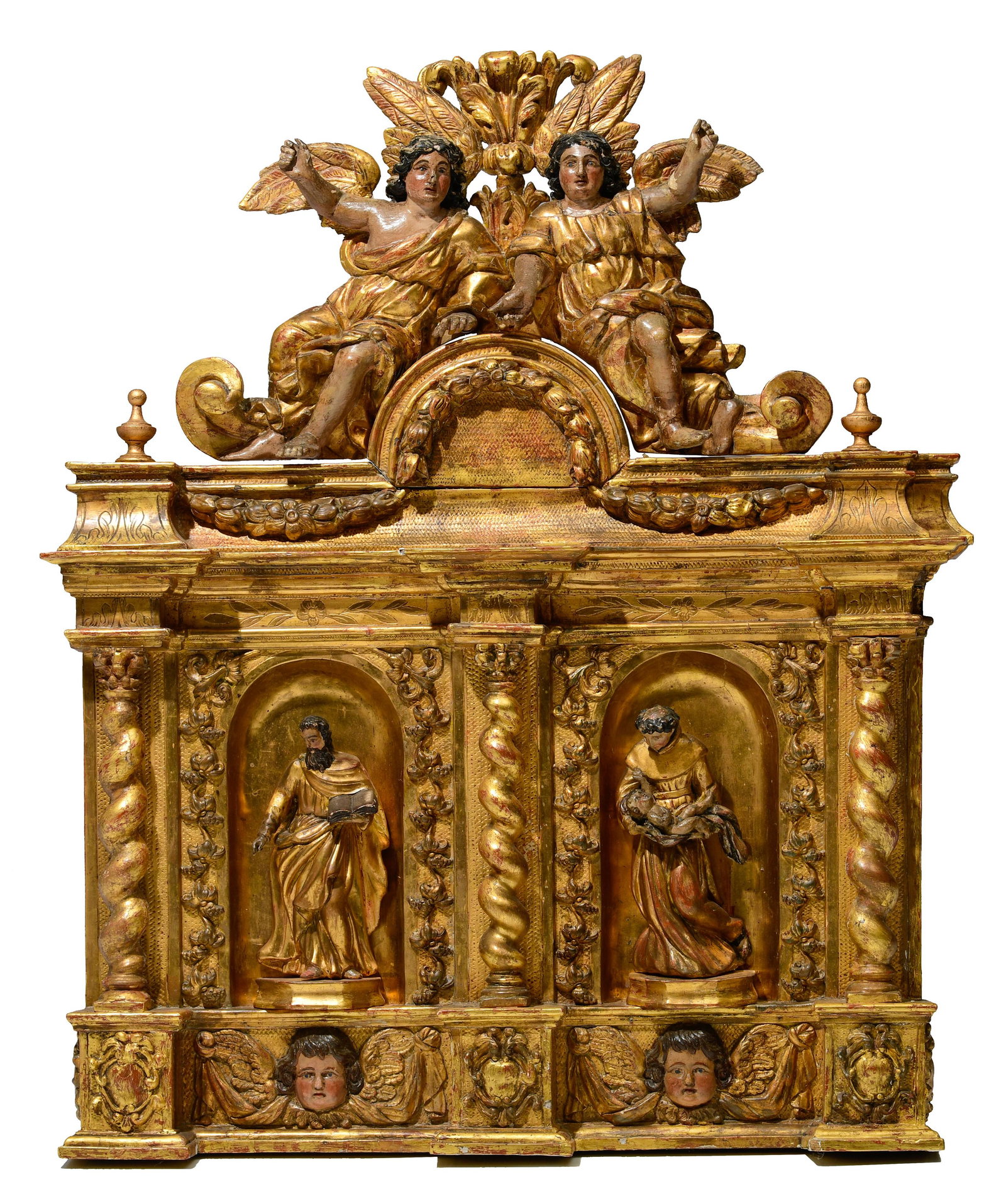 An abundant Baroque retable fragment, late 17thC,: An abundant Baroque retable fragment, late 17thC, Spanish or Latin America, H 93 - W 76 cm Gilt and polychrome decorated with two saints in a niche, flanked by Solomonic columns and topped by two ange