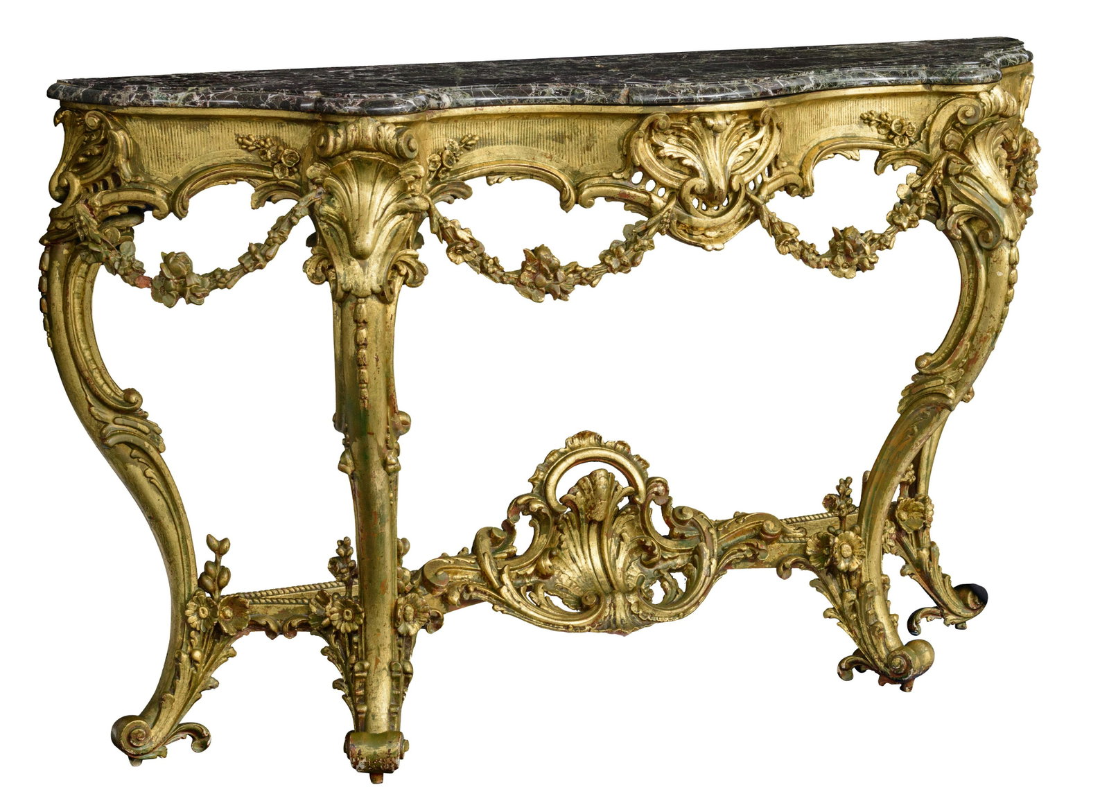 A Rococo style gilt and carved wooden console table,: A Rococo style gilt and carved wooden console table, with a marble top, H 95 - W 160 - D 42 cm