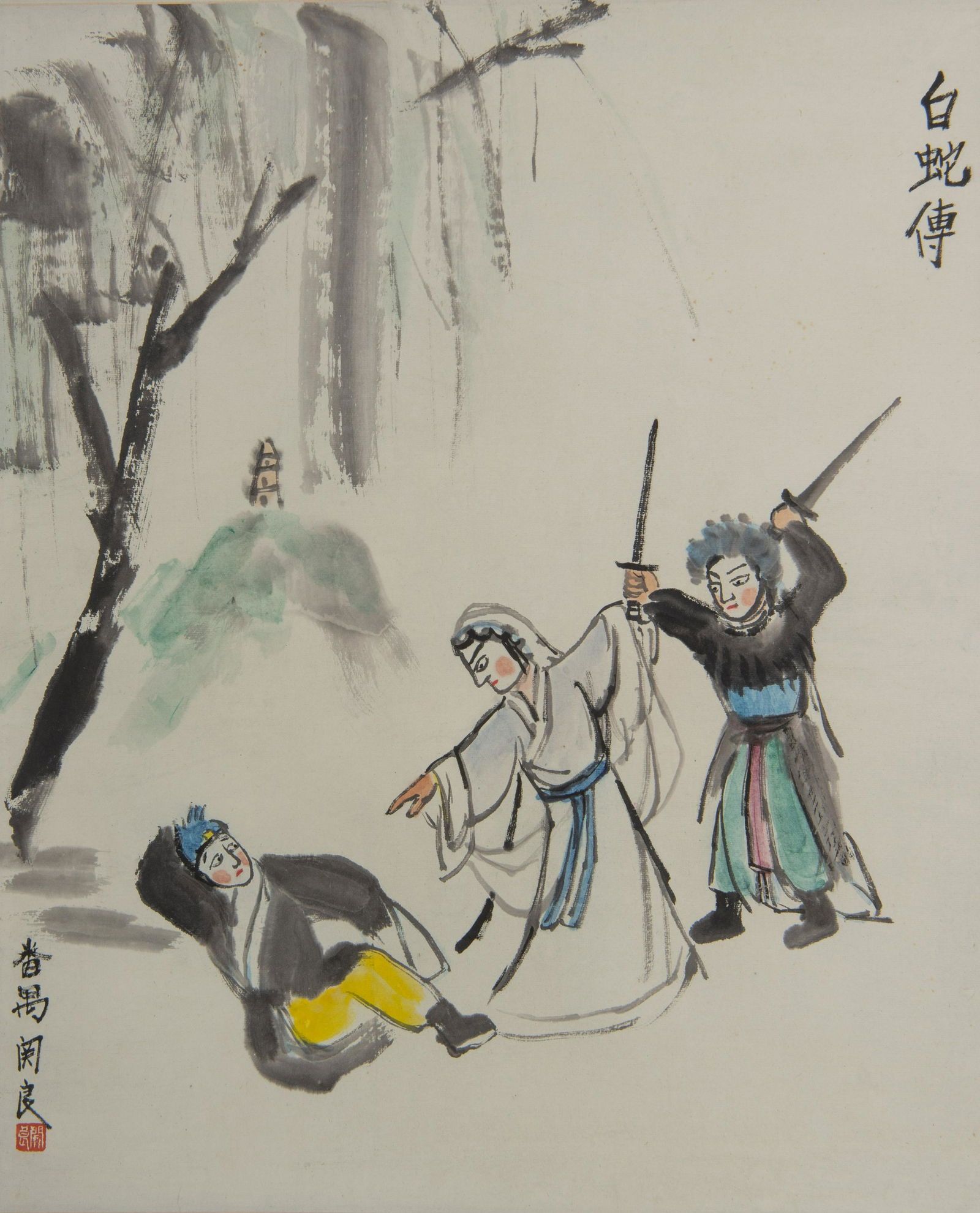 A Chinese scroll, Opera Characters, ink and: A Chinese scroll, Opera Characters, ink and watercolour on paper, signature reading Guan Liang, 52 x 64 cmA Chinese scroll, Opera Characters, ink and watercolour on paper, signature reading Guan Liang
