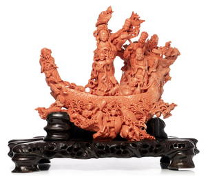An imposing Chinese carved coral group, Qing dynasty,