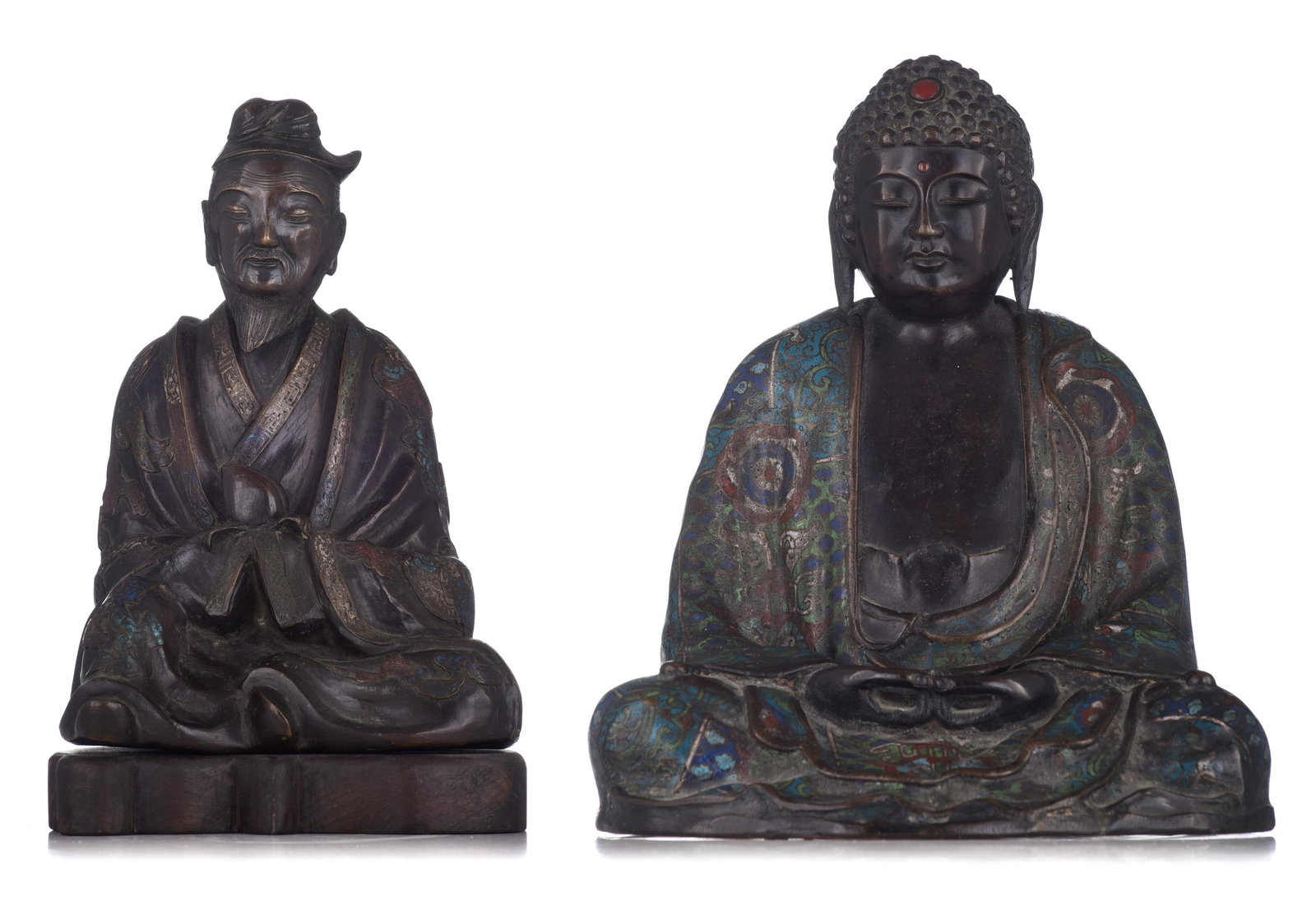 Two Japanese champleve enamelled bronze figures, Meiji: Two Japanese champleve enamelled bronze figures, Meiji period, H 29 - 35 cmTwo Japanese champleve enamelled bronze figures, Meiji period, H 29 - 35 cmOne figure depicting a seated scholar, on a hard w