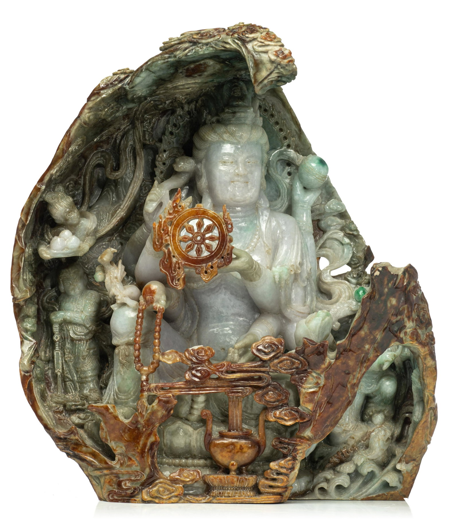 A Chinese russet and emerald jade carving of: A Chinese russet and emerald jade carving of Bodhisattva Avalokiteshvara in a grotto, late Qing, H 40 - W 35 cm A Chinese russet and emerald jade carving, depicting Bodhisattva Avalokiteshvara holding