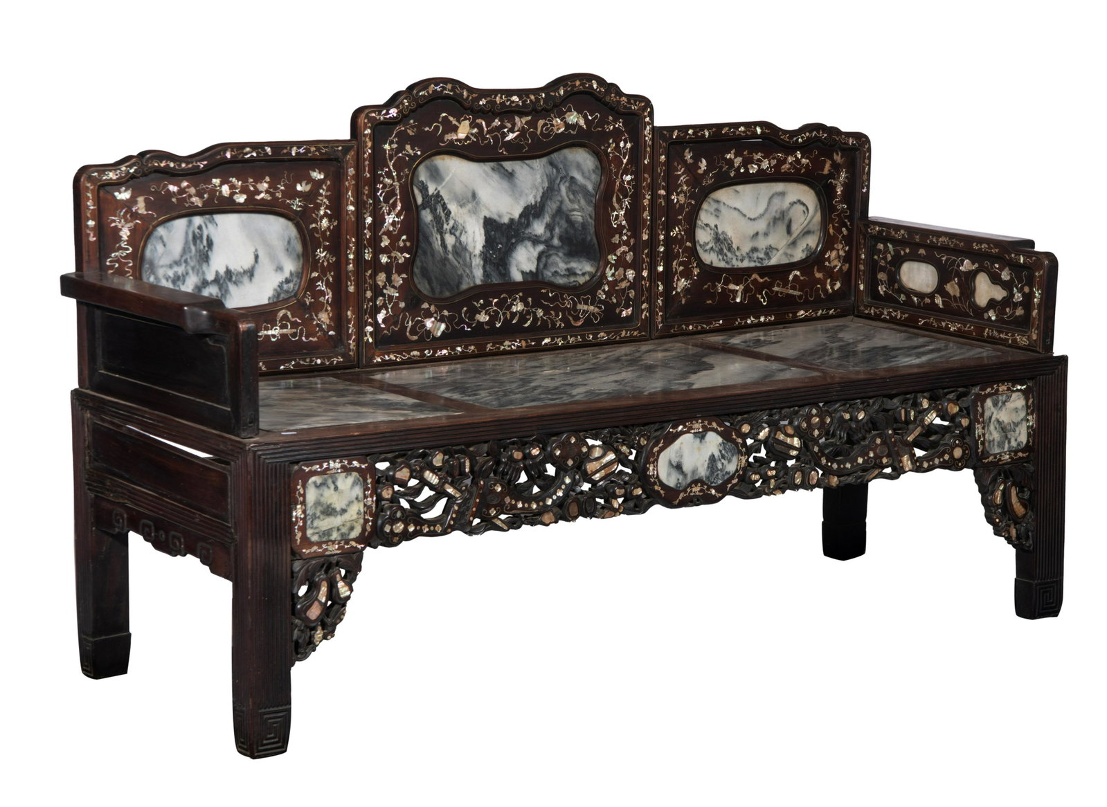 A Chinese hardwood hongmu salon bench, with marble: A Chinese hardwood hongmu salon bench, with marble plaques and mother of pearl-inset, late Qing, H 105 - L 190 - D 62,5 cm A Chinese hardwood hongmu salon bench, the frieze open-work carved, the back 