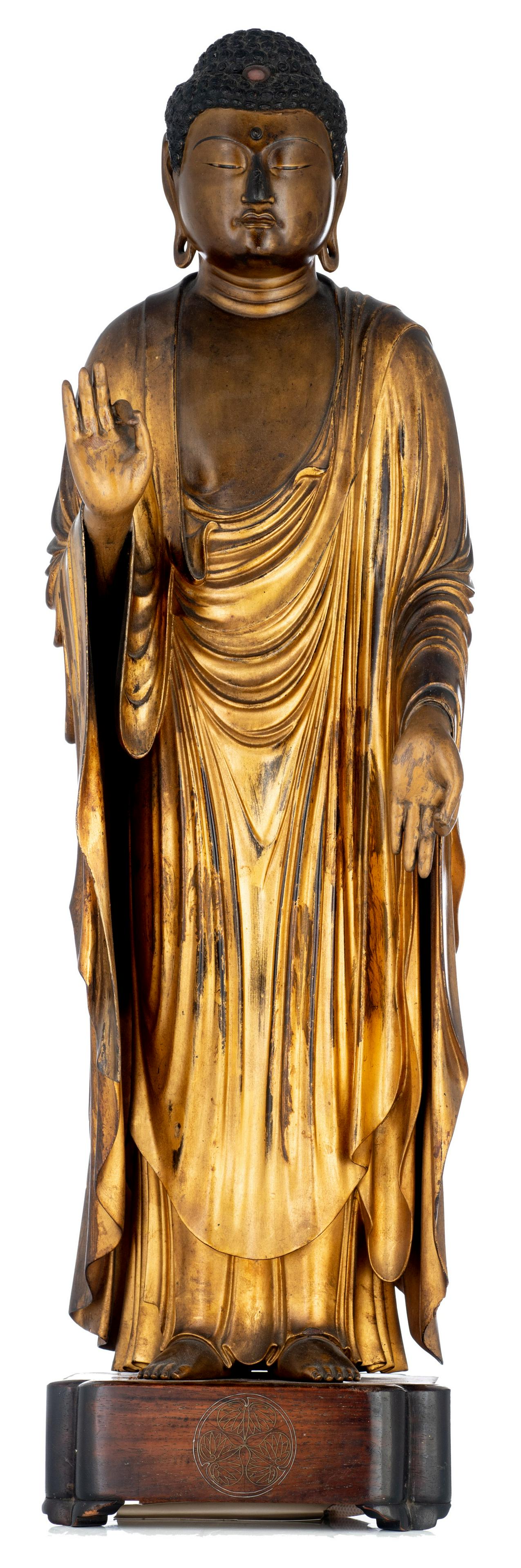 A Japanese gilt-wood standing figure of Amitabha: A Japanese gilt-wood standing figure of Amitabha Buddha, Edo period, H 71 cm (+) A Japanese gilt and presumably lacquered wood standing figure of Amitabha Buddha (Amida Nyorai), Edo period, H 71 cm (+