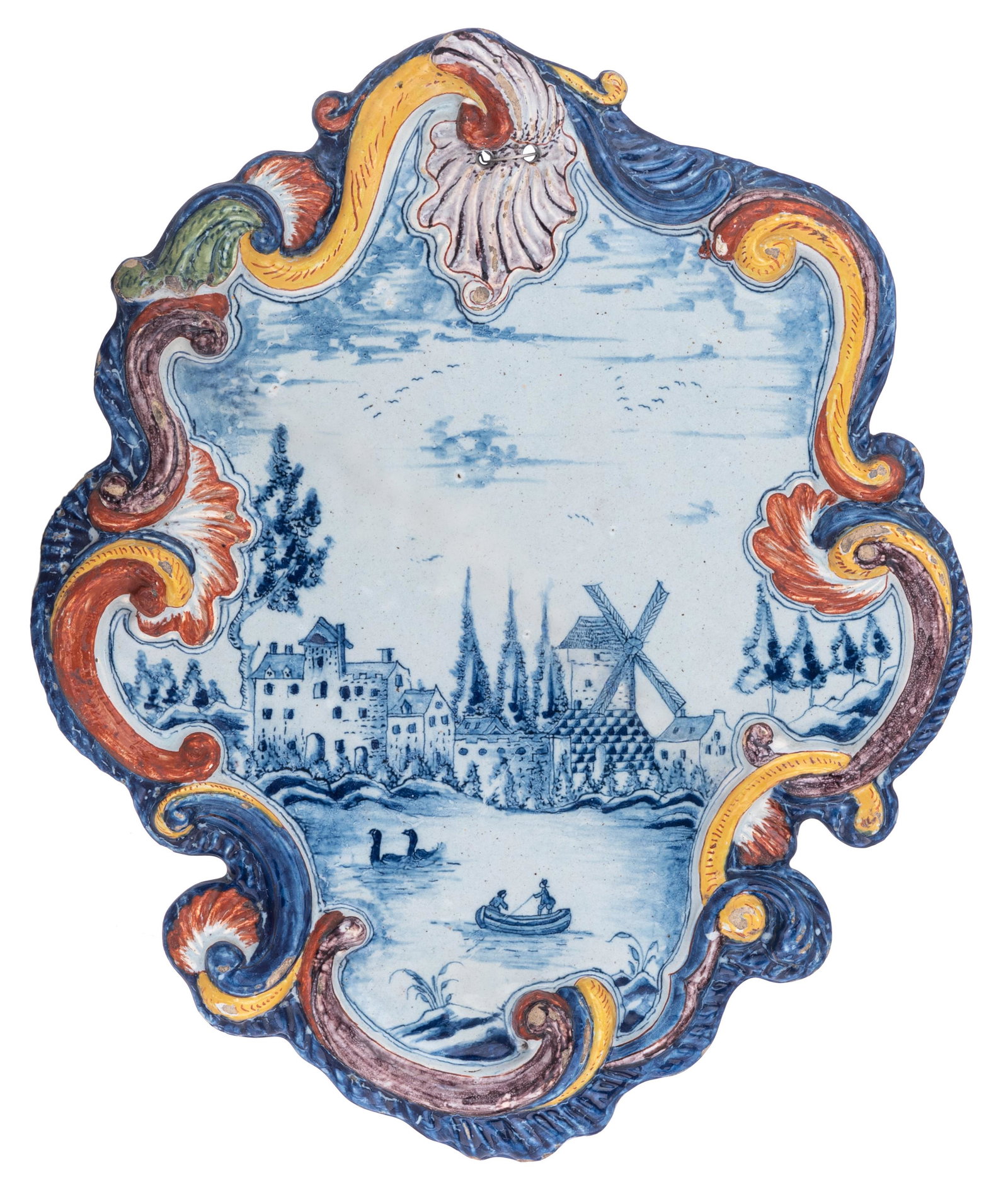 A fine Rococo Dutch Delft plaque, mid 18thC, H 32 cmâ€¦: A fine Rococo Dutch Delft plaque, mid 18thC, H 32 cm A fine Rococo Dutch Delftware wall plaque, the asymmetrical scalloped edges polychrome decorated, the central scene blue & white decorated and depi