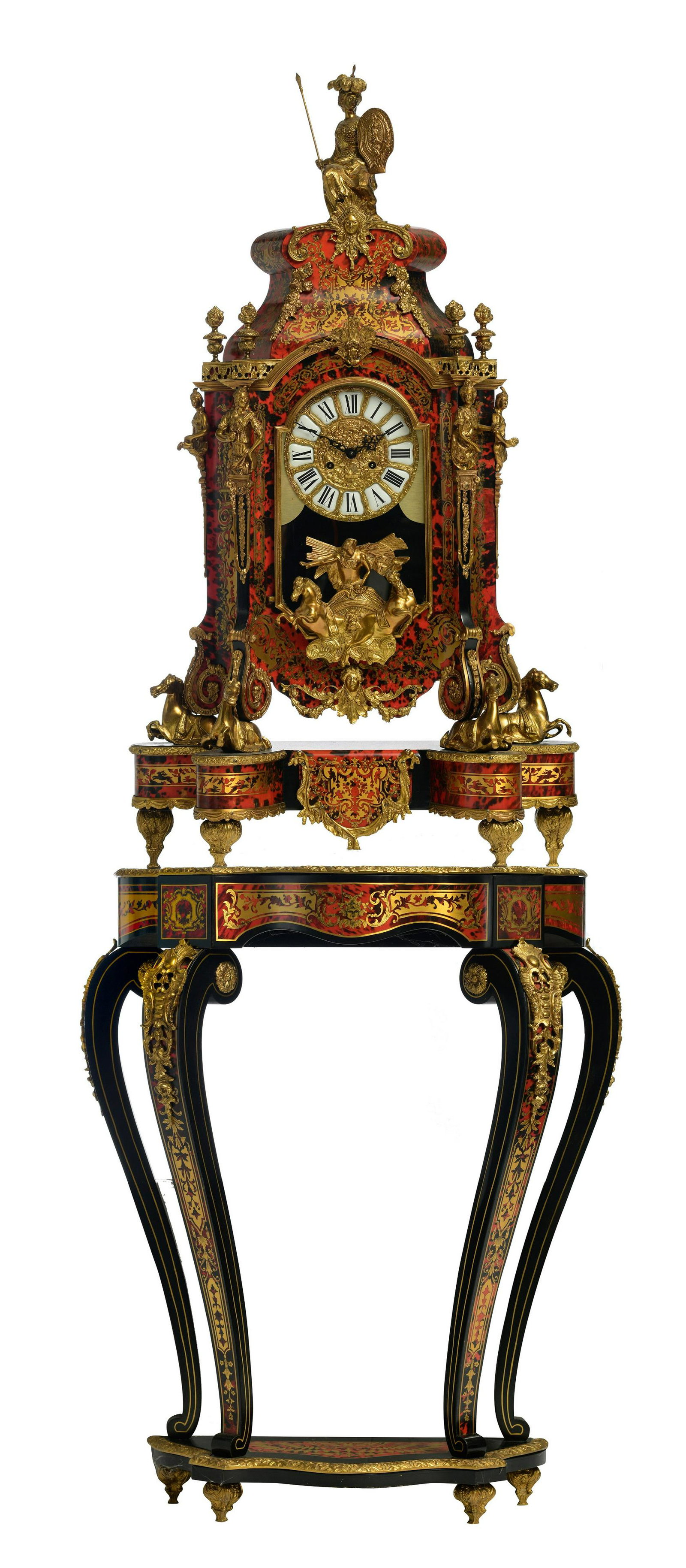 An imposing Baroque style Boulle cartel clock on: An imposing Baroque style Boulle cartel clock on stand, with gilt bronze mounts, H 204 cm The clock is presented on four horses, centred by Apollo on his chariot under the dial, the top of the case is