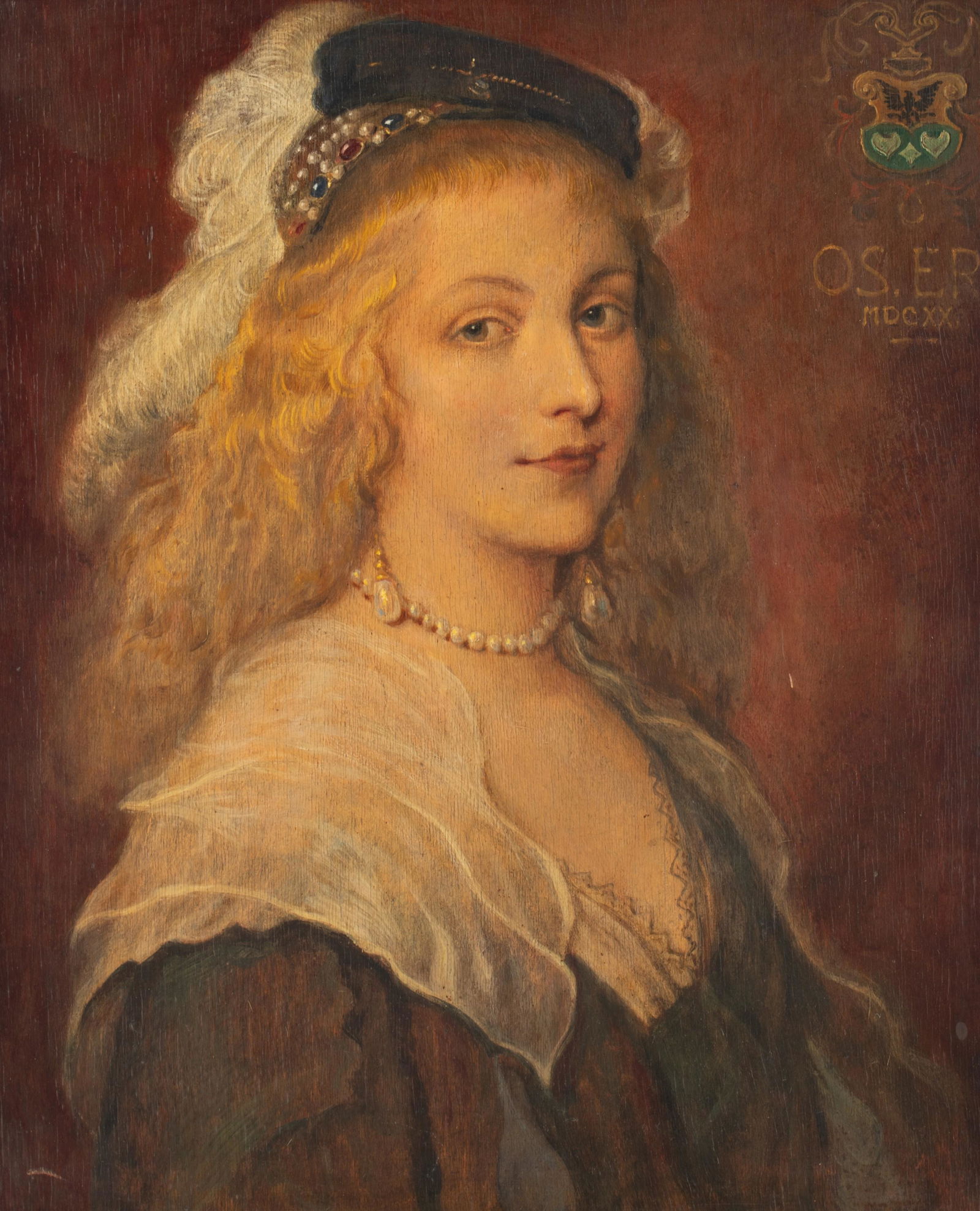 (T) A copy after the portrait of Helena Fourment by: Lot 1000 - Lot 1343 are only available to bid on carlobonte.be, all bids made elsewhere are not valid A copy after the portrait of Helena Fourment by Jan Boeckhorst, oil on triplex, 47,5 x 58 cmHelena