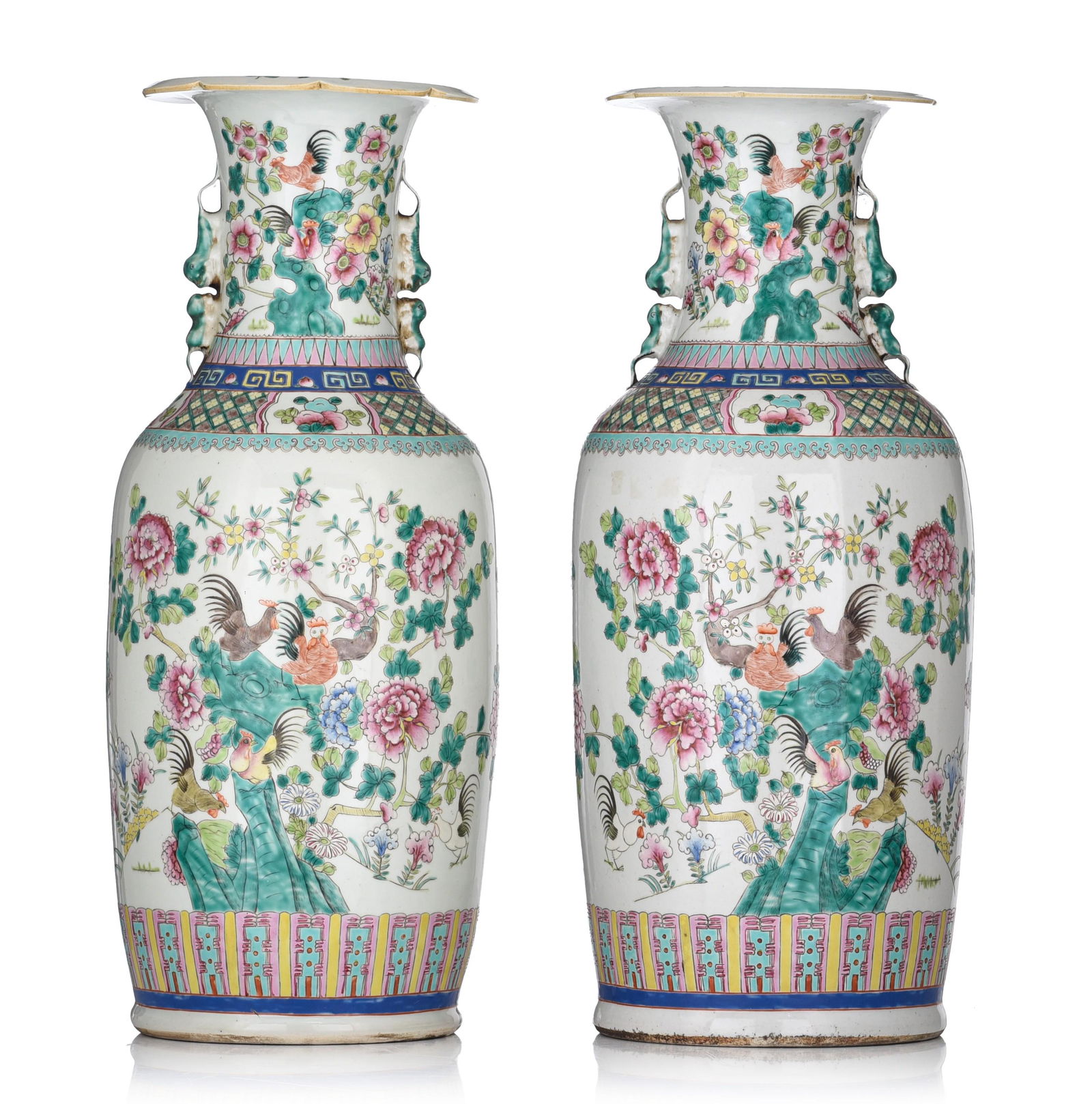 A pair of Chinese famille rose 'Cockerel' vases, late 19thC, H 61 cm (1 of 7)