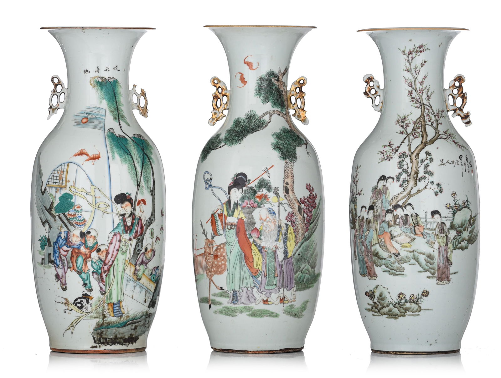Three Chinese famille rose figural vases, all with a signed text, Republic period, H 57,5 cm (1 of 14)