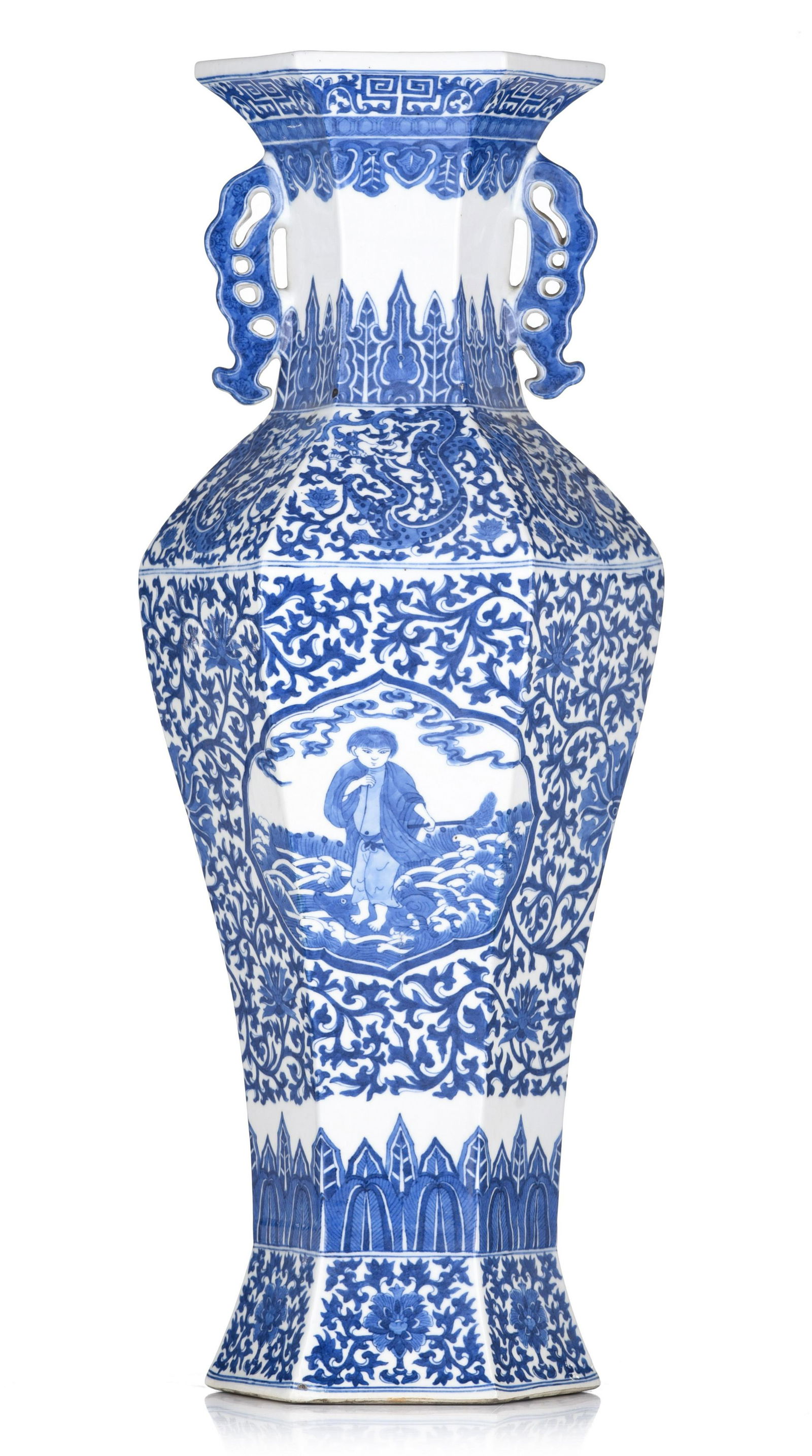 A Chinese blue and white baluster vase, paired with stylised dragon handles, 19thC, H 61 cm (1 of 8)