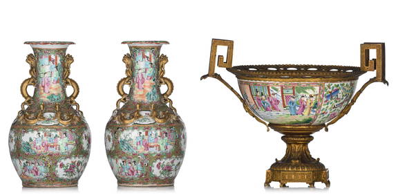 A collection of Chinese Canton famille rose vases and gilt-metal mounted punchbowl, 19thC, Tallest H (1 of 20)
