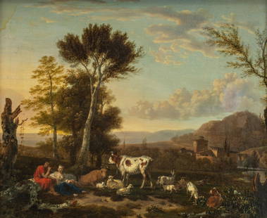 Attributed to Jean-Louis Demarne, a flute-playing shepherd in an Italianised landscape, oil on: Attributed to Jean-Louis Demarne, a flute-playing shepherd in an Italianised landscape, oil on canvas, 53 x 64 cmNo visible signature, fine qulity.