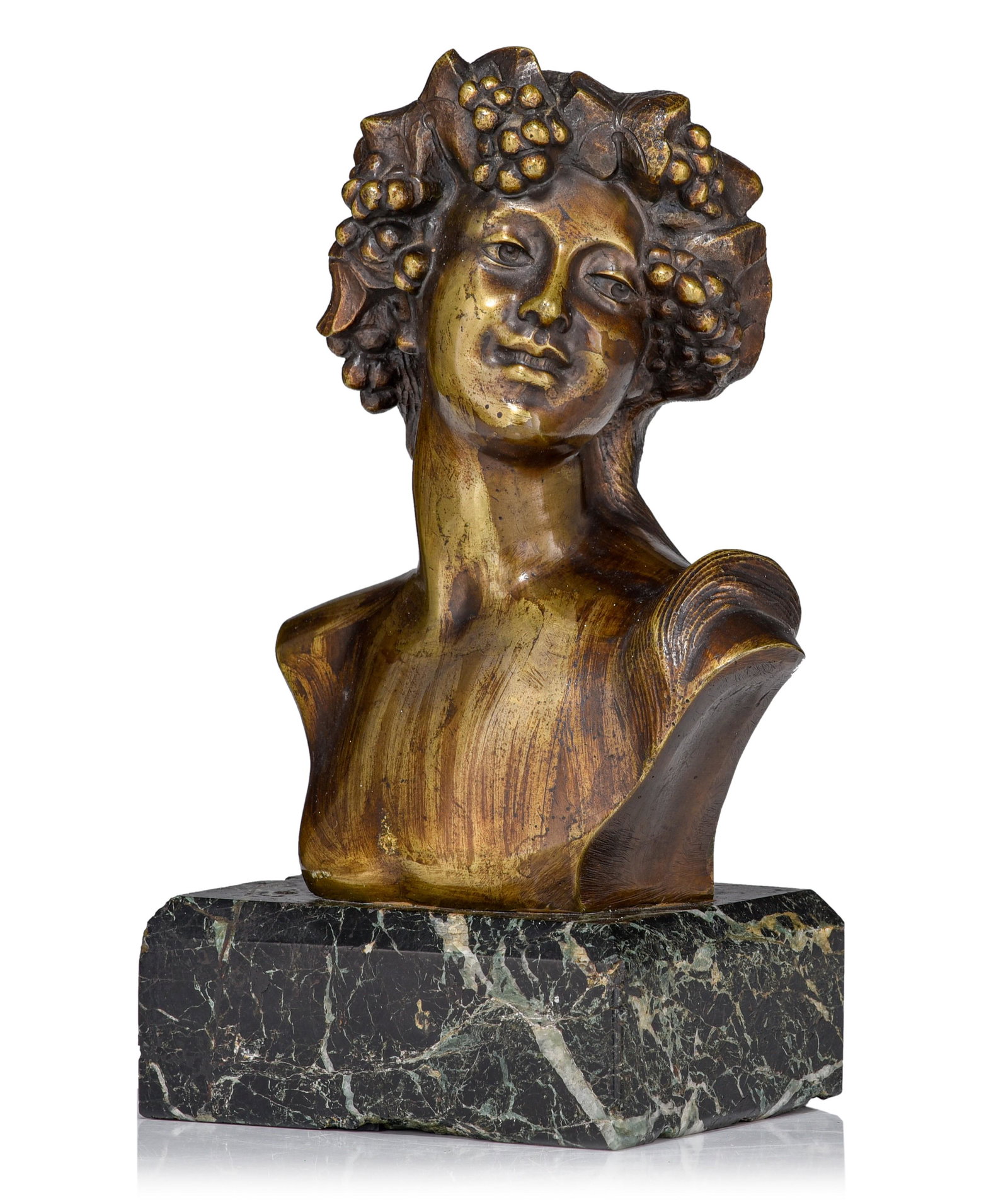 (BIDDING ONLY ON CARLOBONTE.BE) Jef Lambeaux (1852-1908), the bust of Flora, patinated bronze on a: (BIDDING FOR THIS LOT IS ONLY POSSIBLE ON CARLOBONTE.BE)Jef Lambeaux (1852-1908), the bust of Flora, patinated bronze on a vert de mer marble base, H 21 - 26,5 (without - with base)Signed to the back.