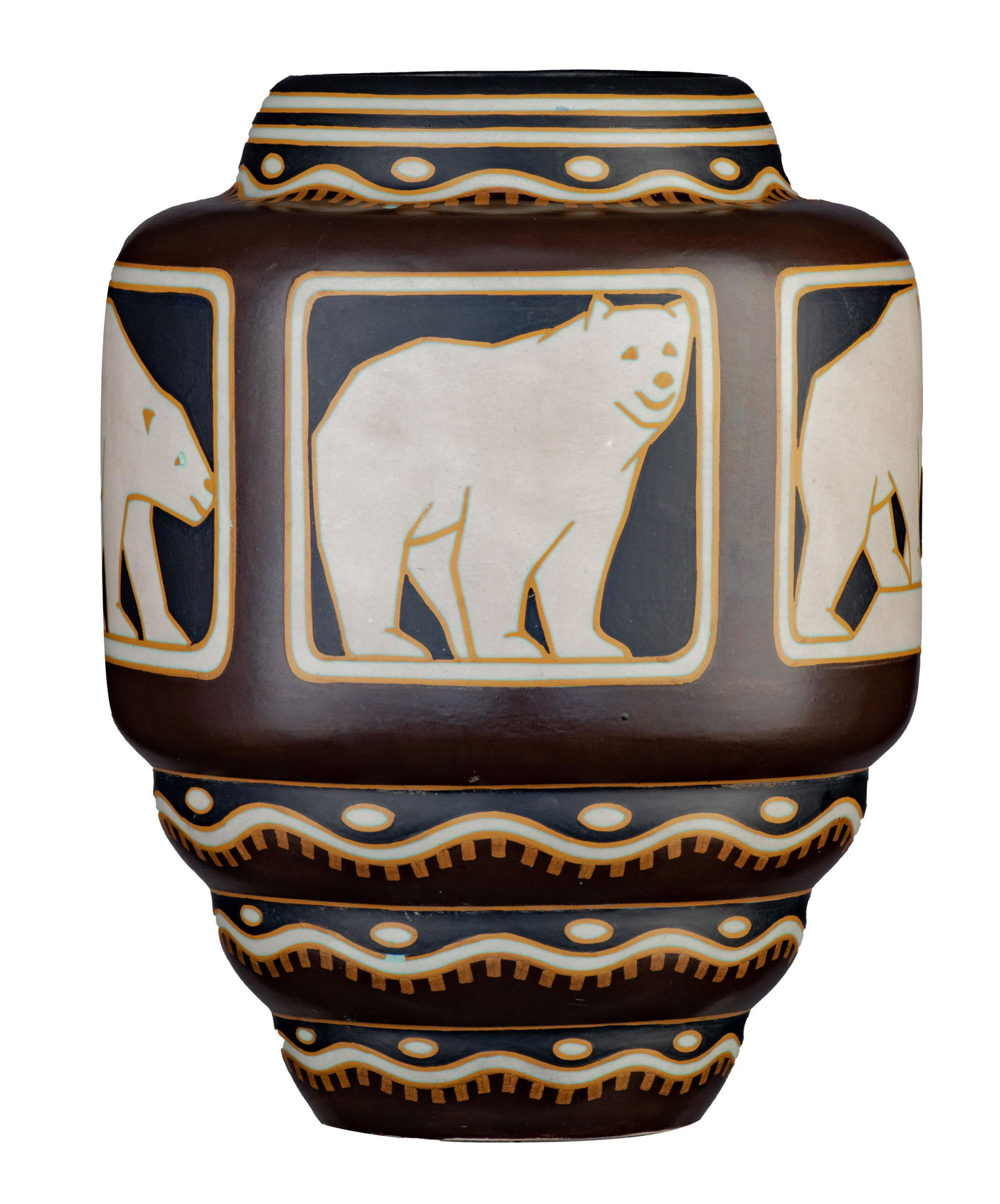 An impressive Art Deco stoneware polar bear vase, Jan Wind for Charles Catteau, 1926, H 42 cm: An impressive Art Deco stoneware polar bear vase, Jan Wind for Charles Catteau, 1926, H 42 cmPolychrome design with polar bears in different postures Fattiton a brown and black background.Stamped to t