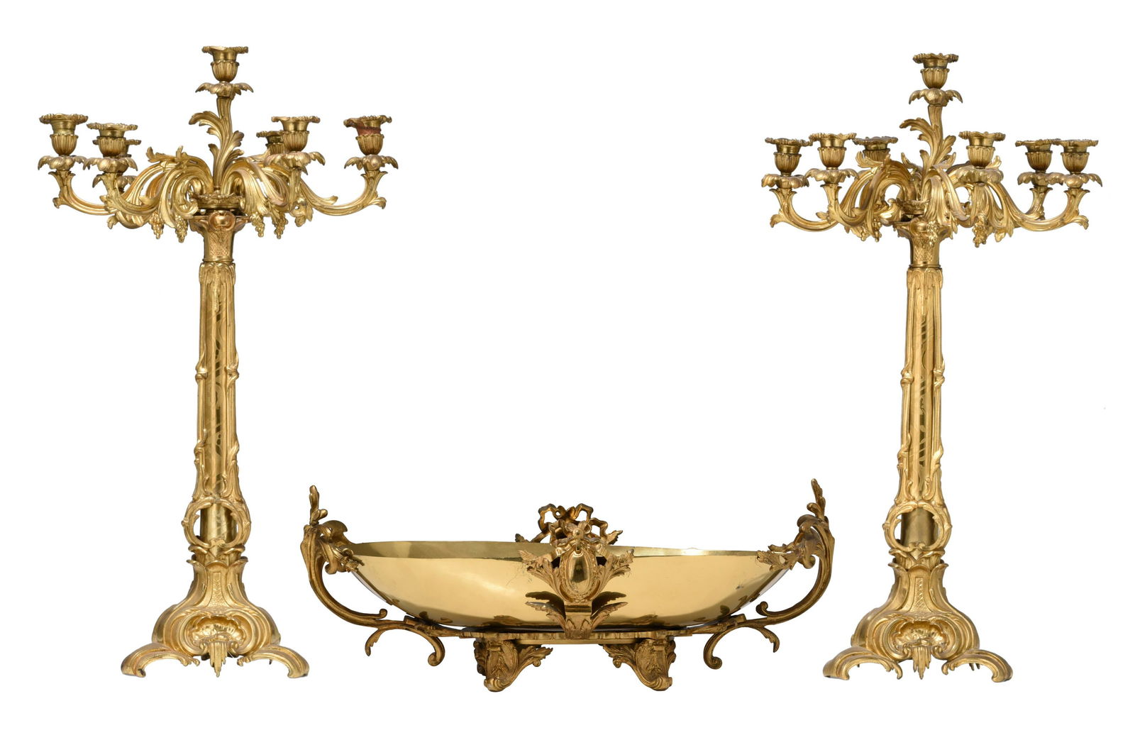 A large pair of Napoleon III gilt bronze candelabras and a matching coupe, H 74 - W 59 cm (1 of 13)