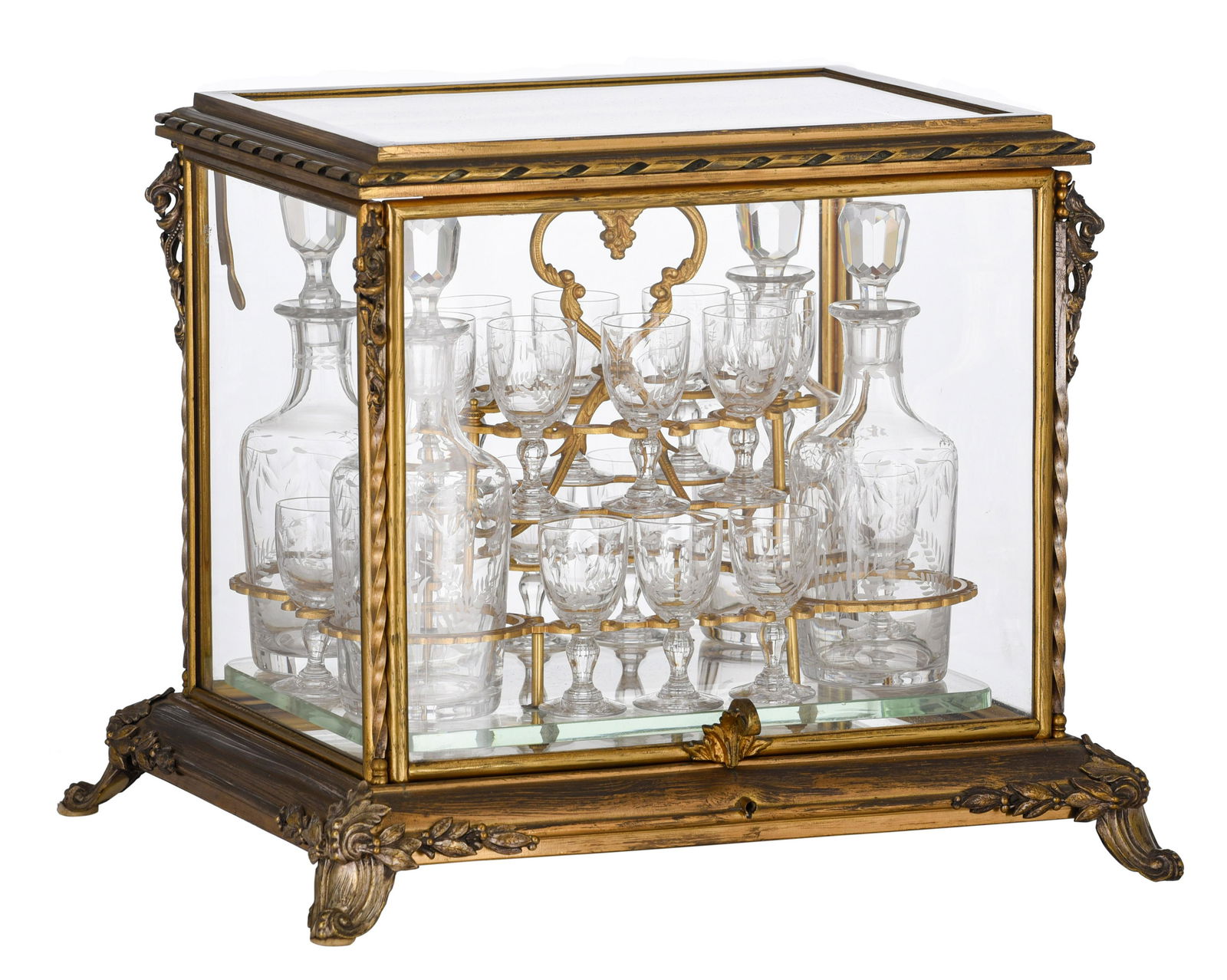 A Napoleon III 'Cave a Liqueur', gilt bronze and etched glass, late 19thC, H 29,5 - W 36 - D 29 cm (1 of 5)