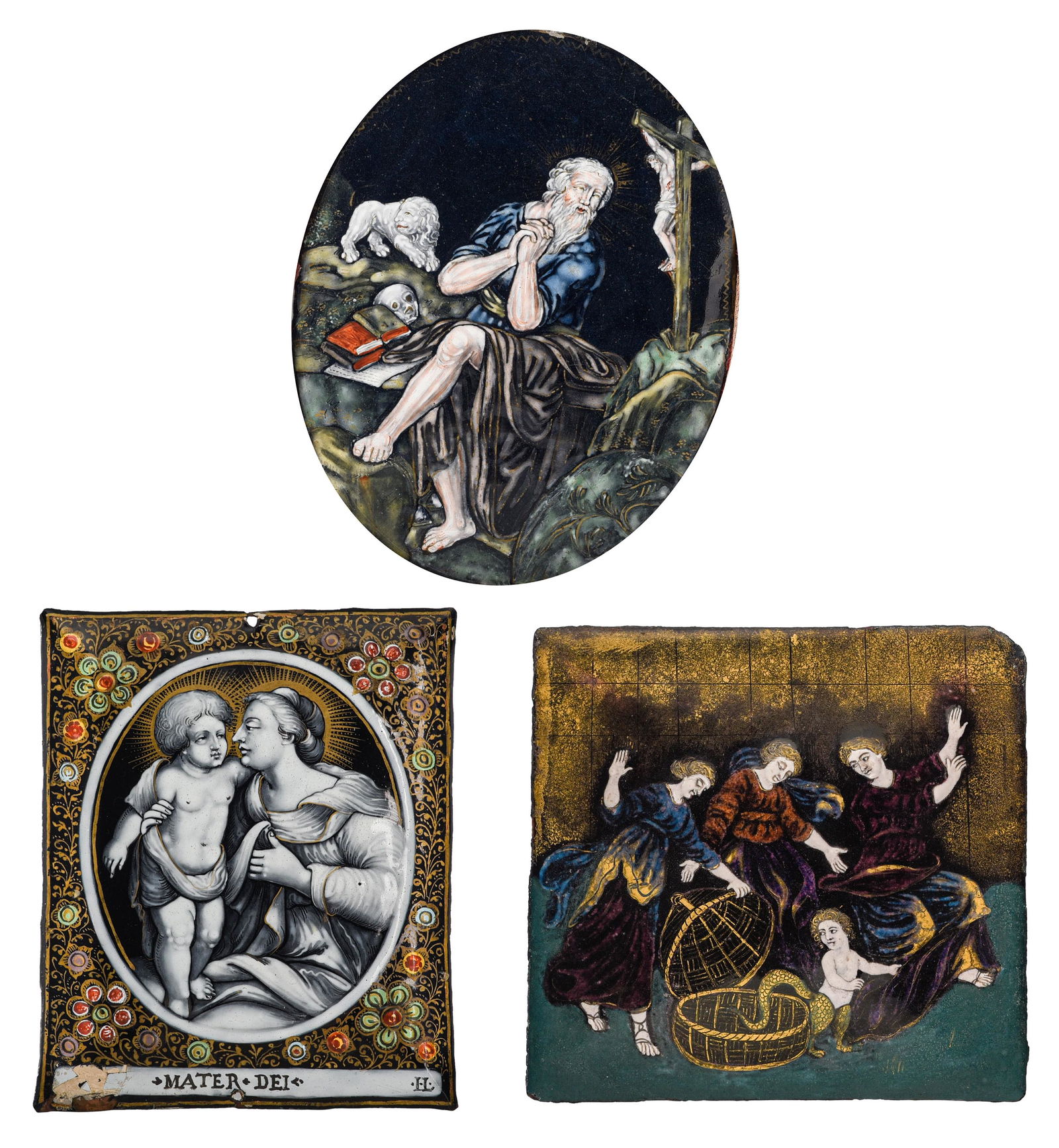 Three polychrome Limoges enamel plaques, H 11 - 15,5 cm (1 of 14)