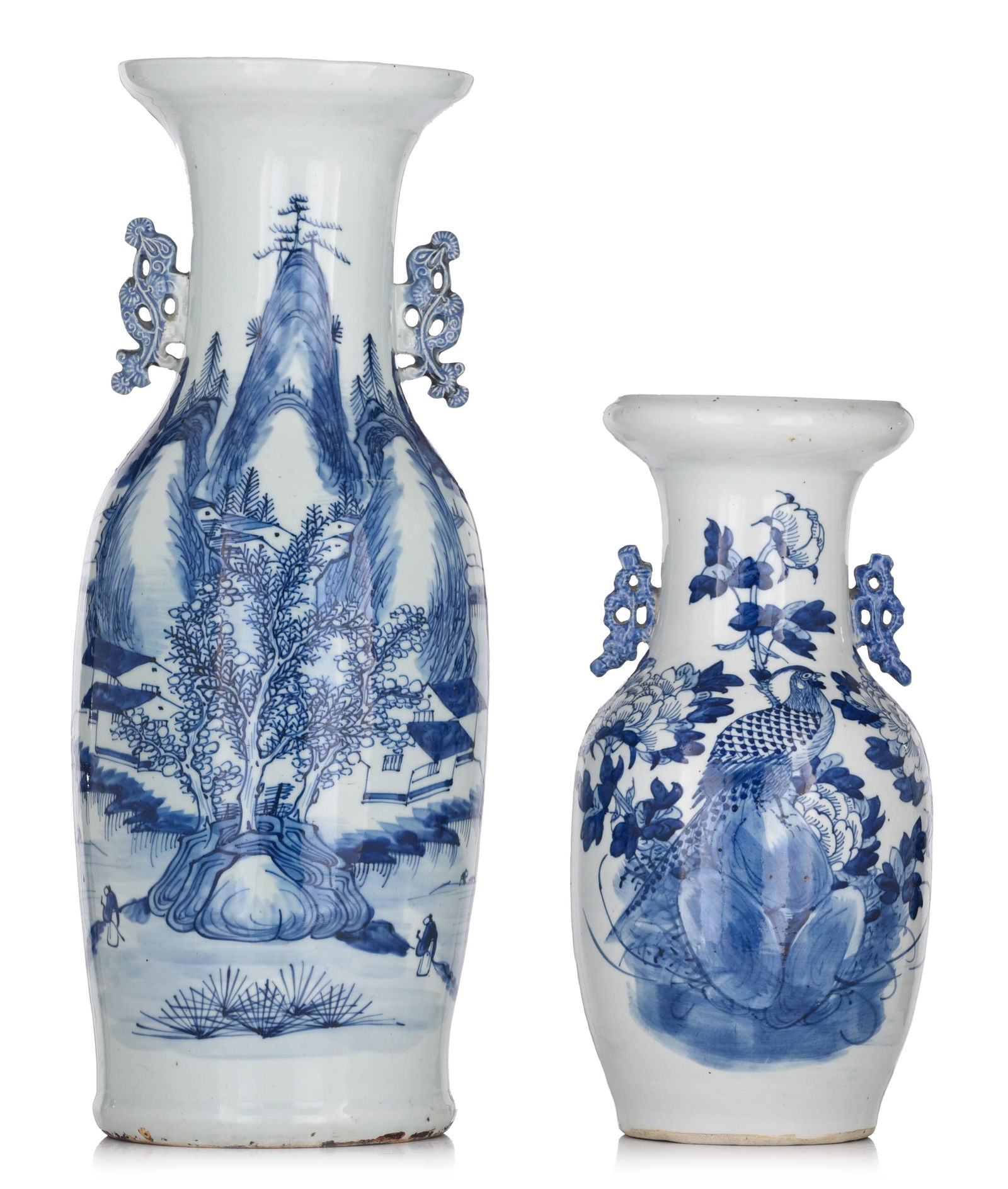 Two Chinese blue and white vases, both paired with lingzhi handles, 19thC, H 42 - 60 cm (1 of 7)