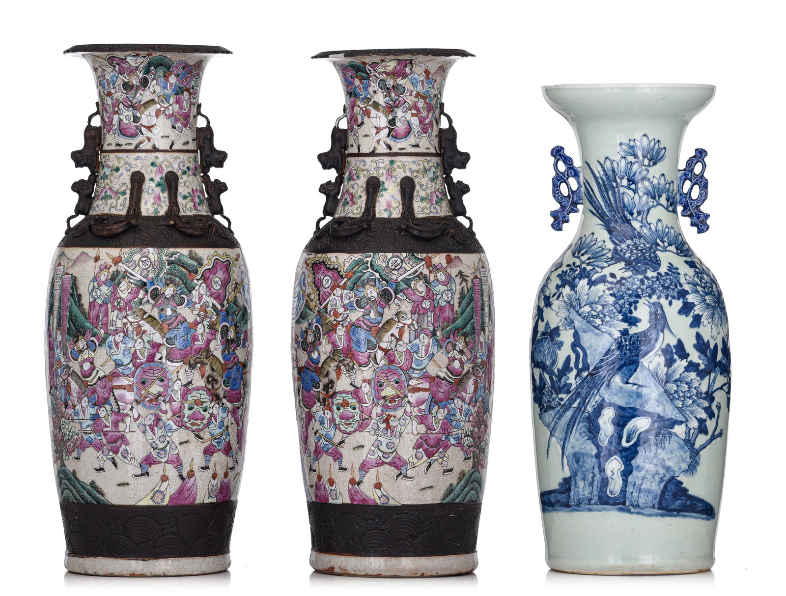 A pair of Chinese Nanking famille rose on crackle-glazed vases, 19thC, H 61 cm - added a blue and (1 of 14)