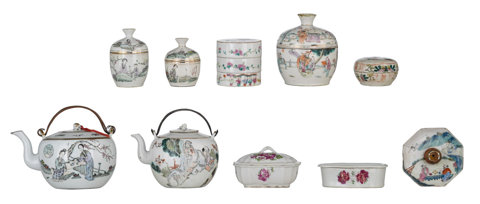 A collection of Chinese Republic period Qianjiangcai and famille rose pots and boxes, 19thC/20thC, (1 of 18)