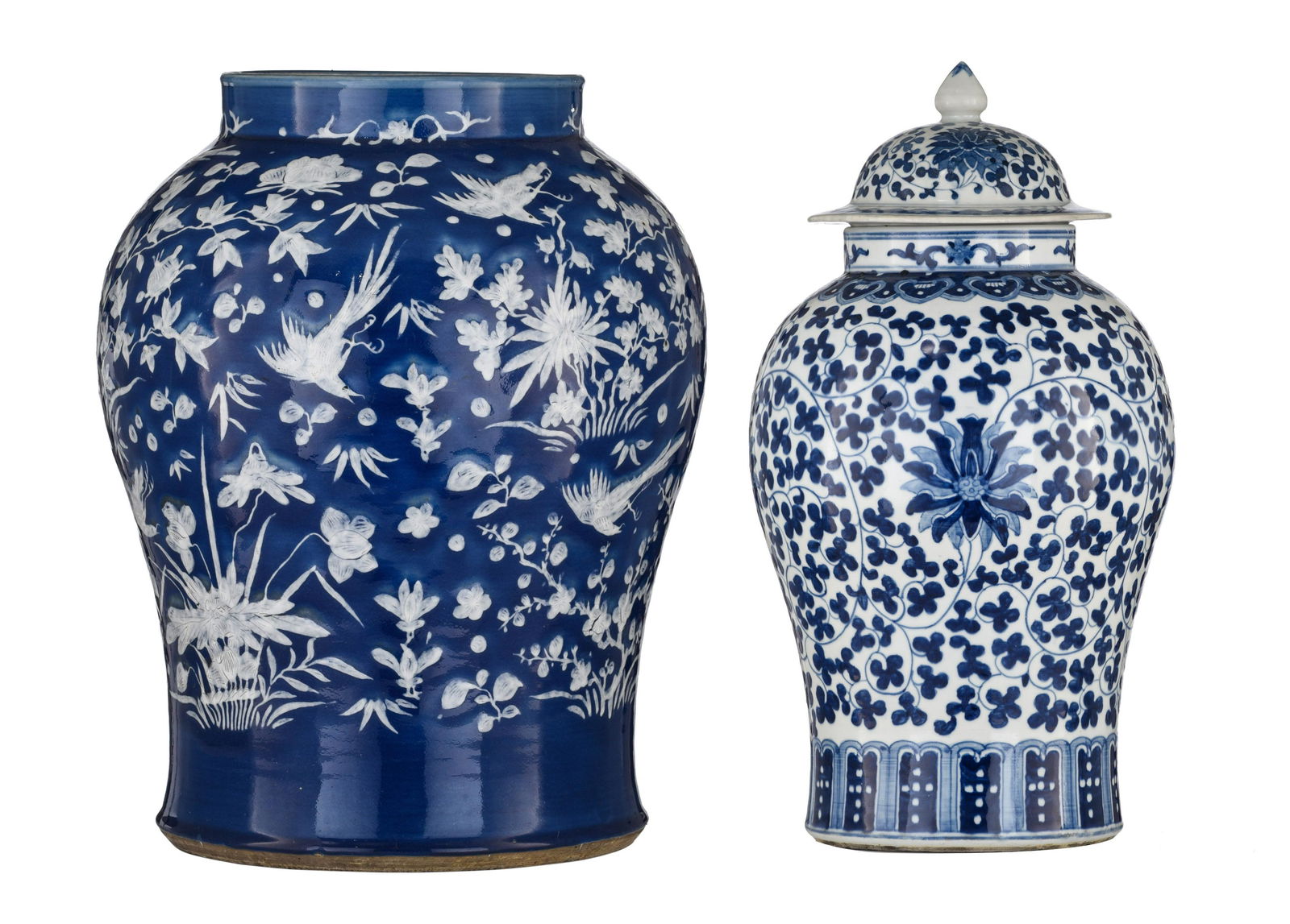 Two Chinese blue and white 'Scrolling lotus' baluster vases and cover, 19thC, H 49 - 51 cm (1 of 15)