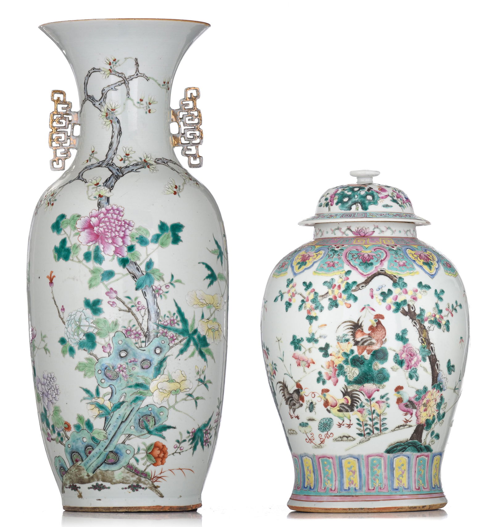 A Chinese famille rose 'Cockerel' covered vase and a 'Flower garden' vase, late 19thC, H 42,5 - 57,5 (1 of 18)