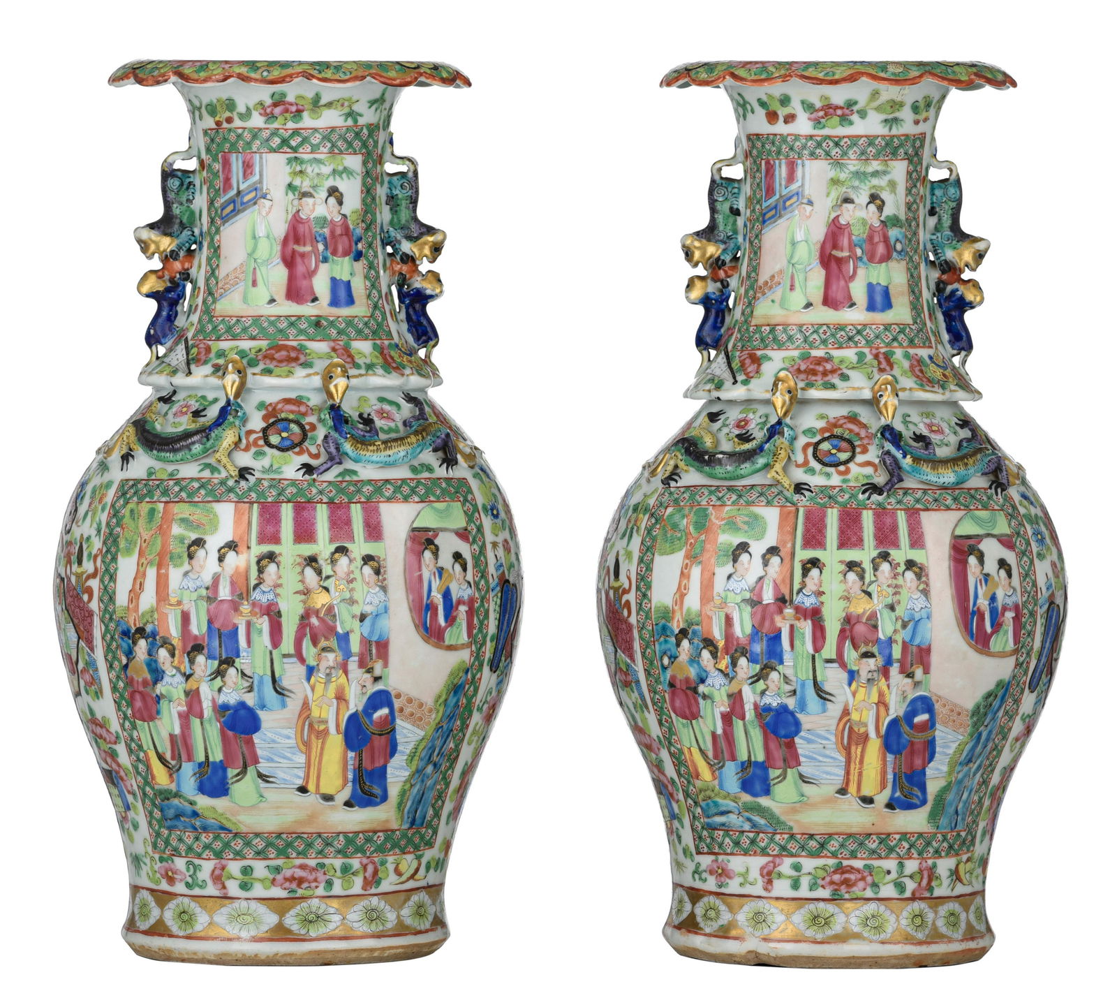 A similar pair of Chinese Canton famille rose baluster vases, paired with Fu lion handles, 19thC, H (1 of 7)