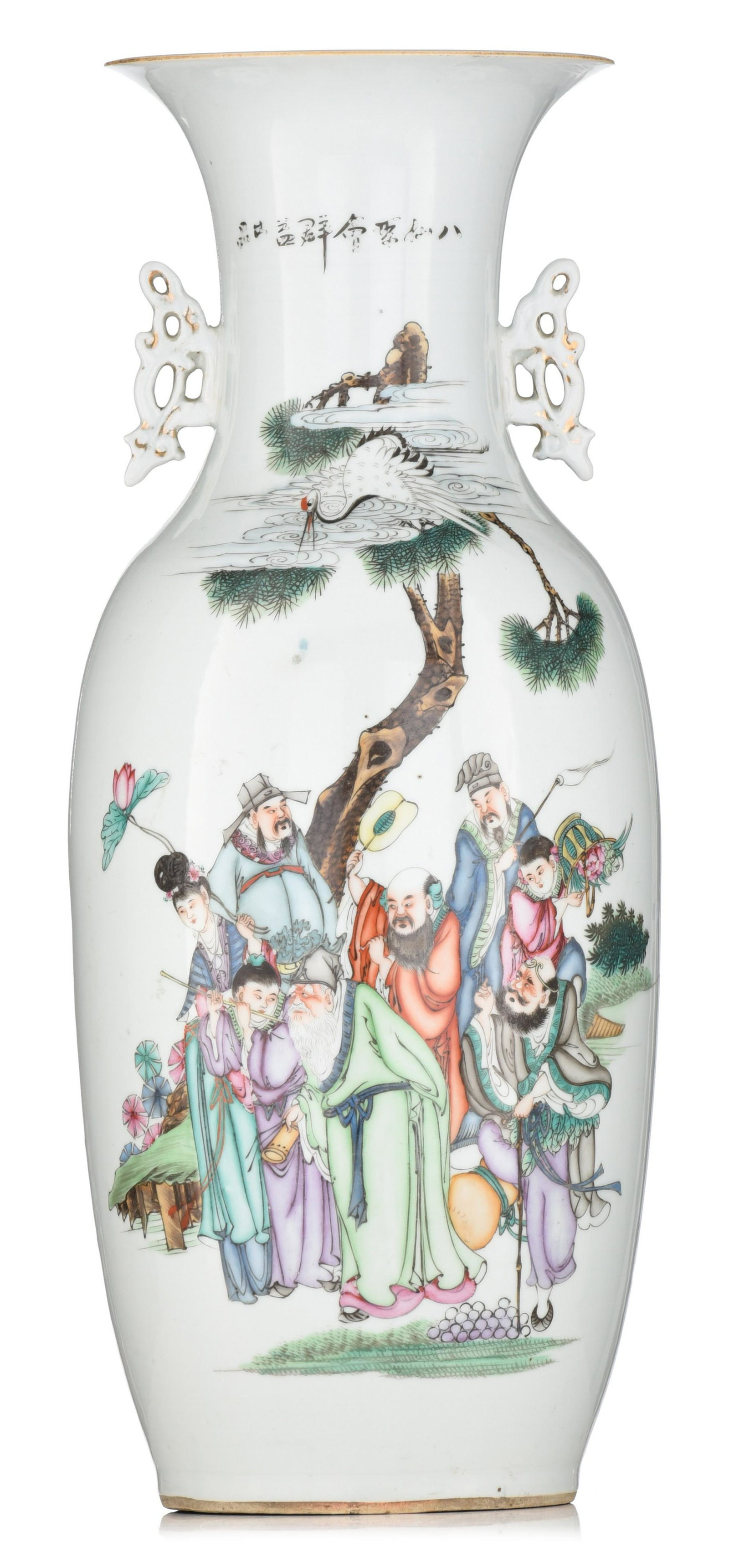 A Chinese famille rose 'Immortals' vase, paired with lingzhi handles, late 19thC/Republic period, H: A Chinese famille rose 'Immortals' vase, paired with lingzhi handles, late 19thC/Republic period, H 58 cm A Chinese Xin Fencai vase, decorated with the Eight Immortals in a forest, paired with gilt pa
