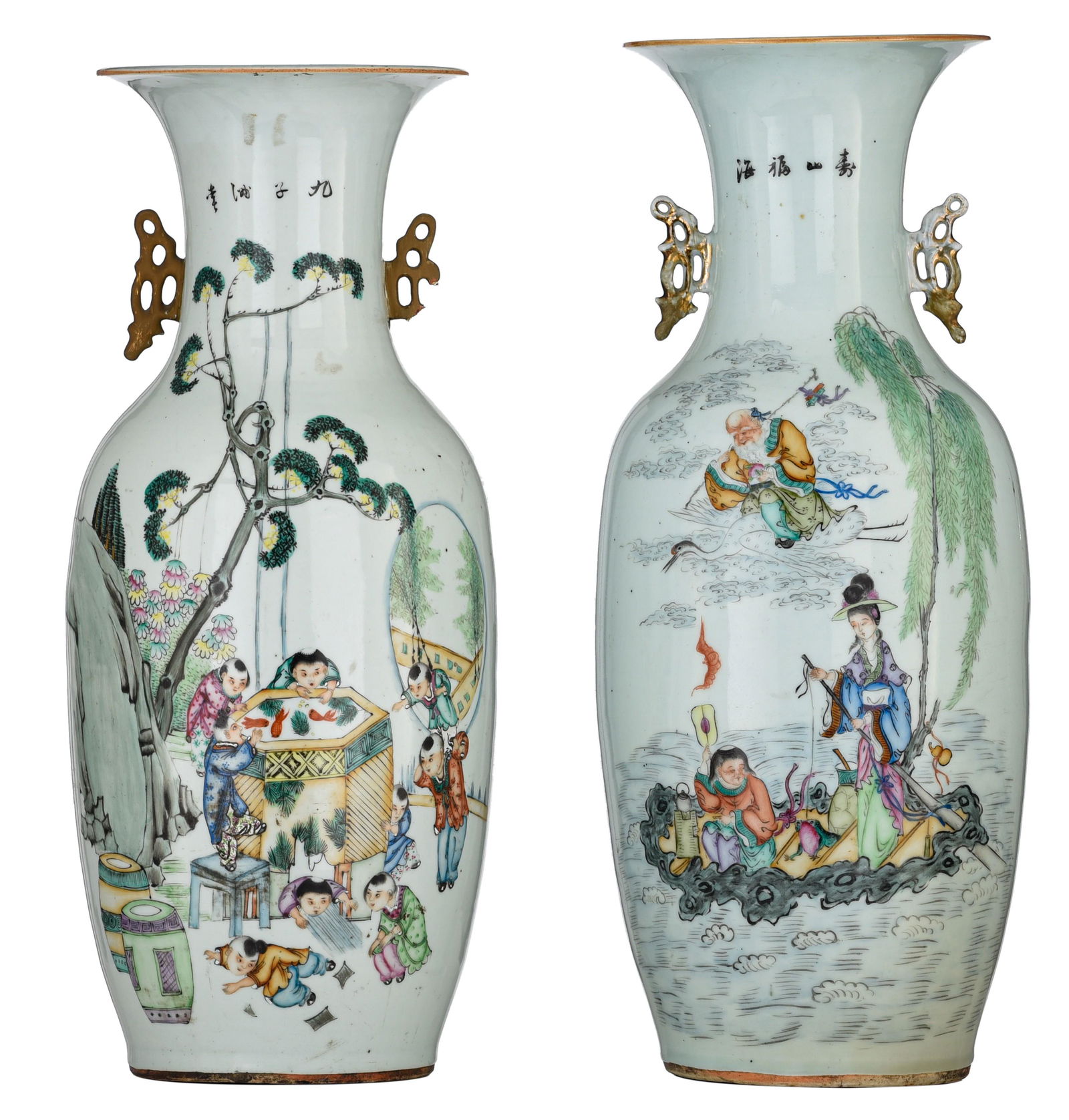 Two Chinese famille rose 'figural' vases, the back with a signed text, Republic period, H 56,5 - 58 (1 of 7)
