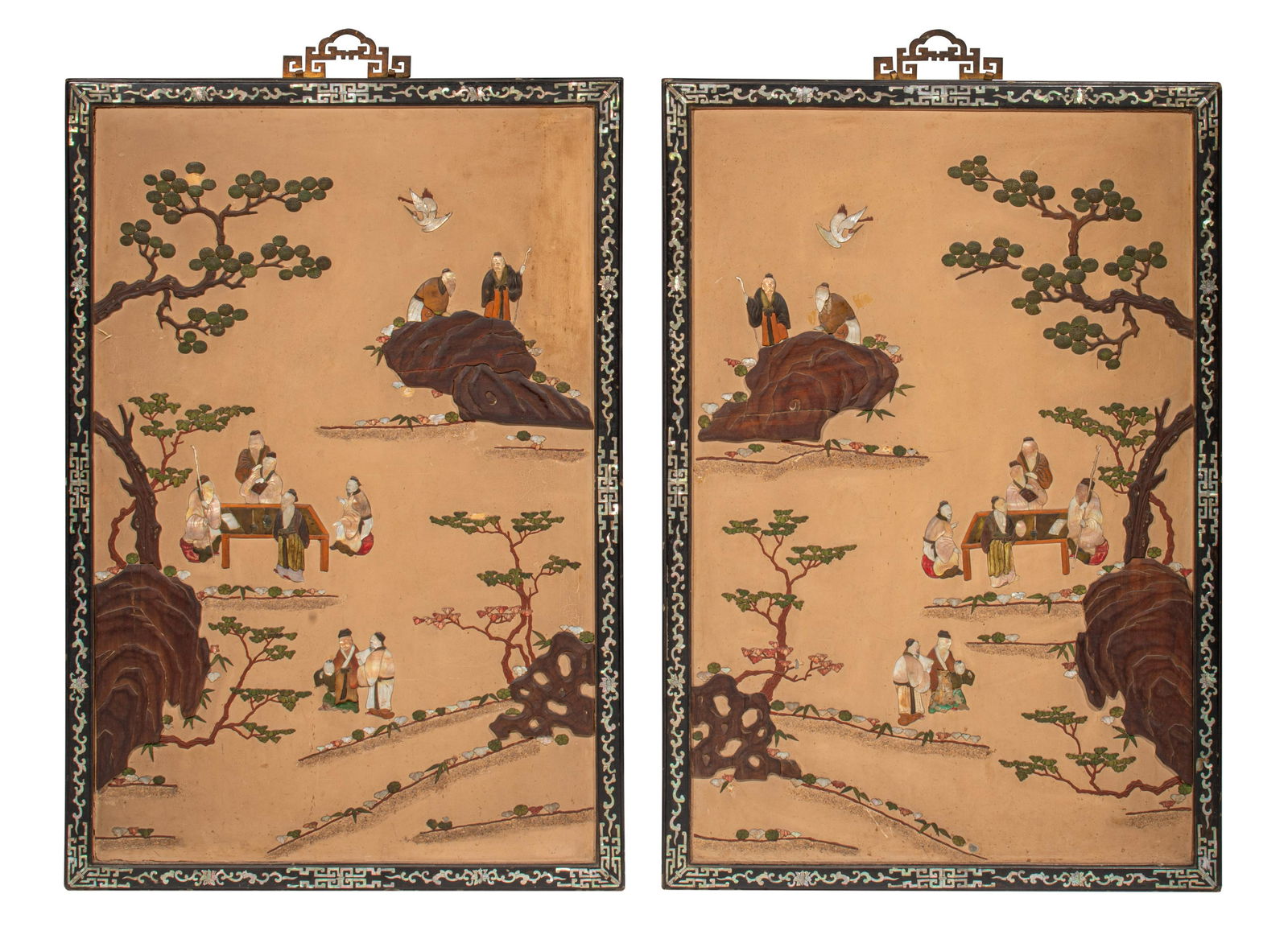 A pair of Chinese hanging panels with semi-precious stone inlay, fitted in a hardwood frame with (1 of 9)