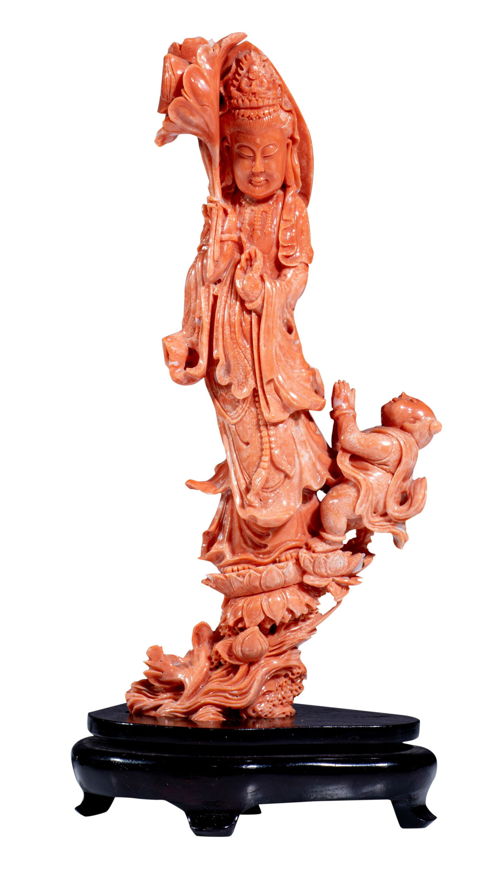 A Chinese finely carved coral figure of standing Guanyin, late Qing, H 22 cm (coral only) - Total H (1 of 10)