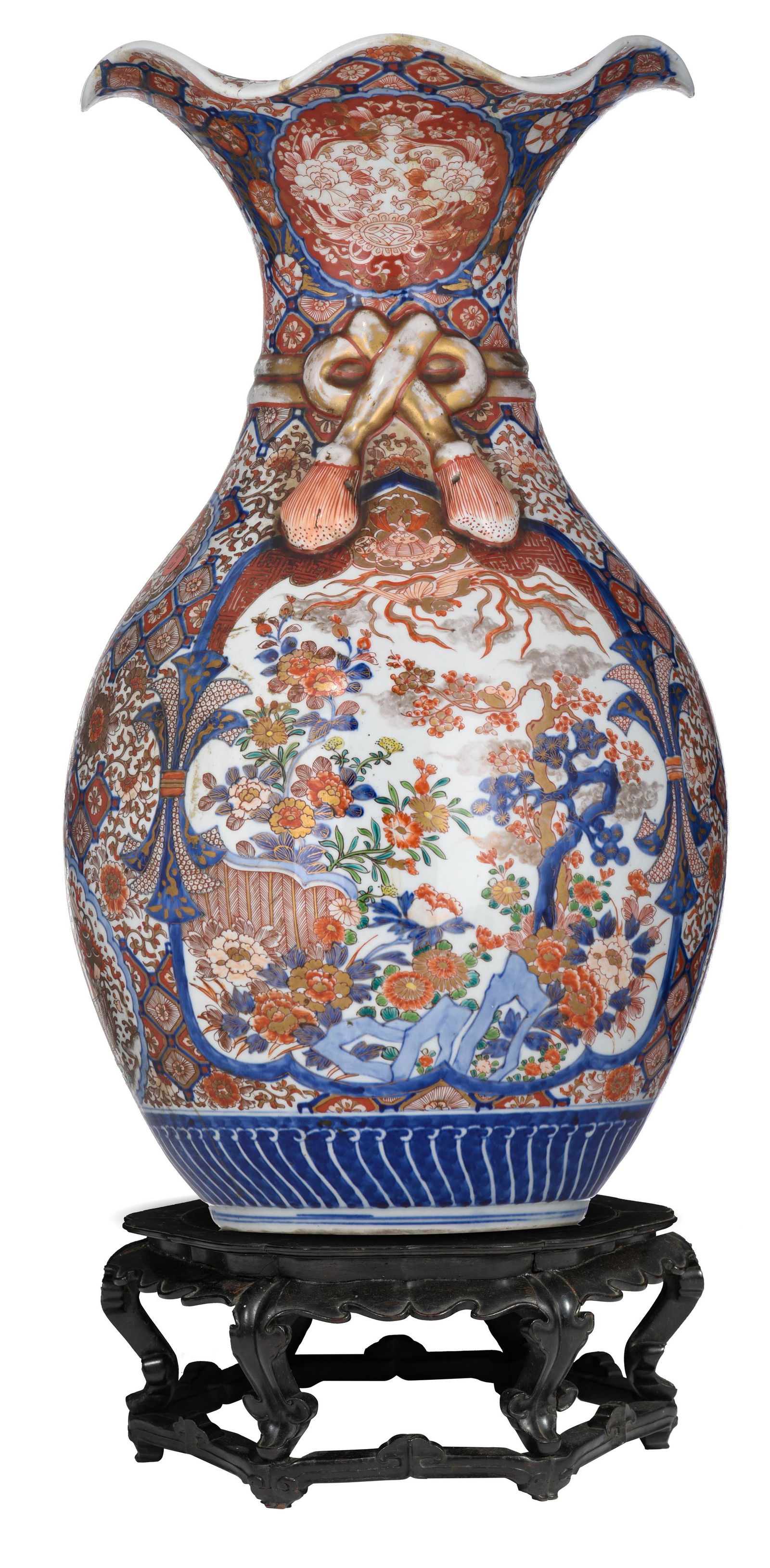 A Japanese Imari vase, on a matching wooden base, 19thC, H 60,5 cm (1 of 13)