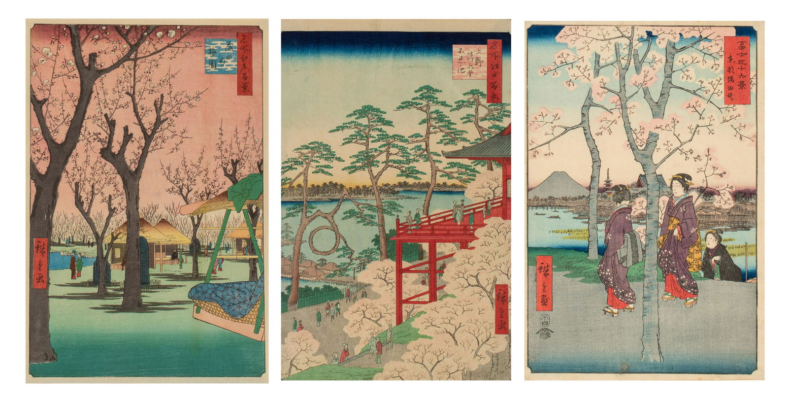 Three Japanese woodblock prints by Hiroshige, two from the series "100 views on Edo", no. 11 (1 of 13)