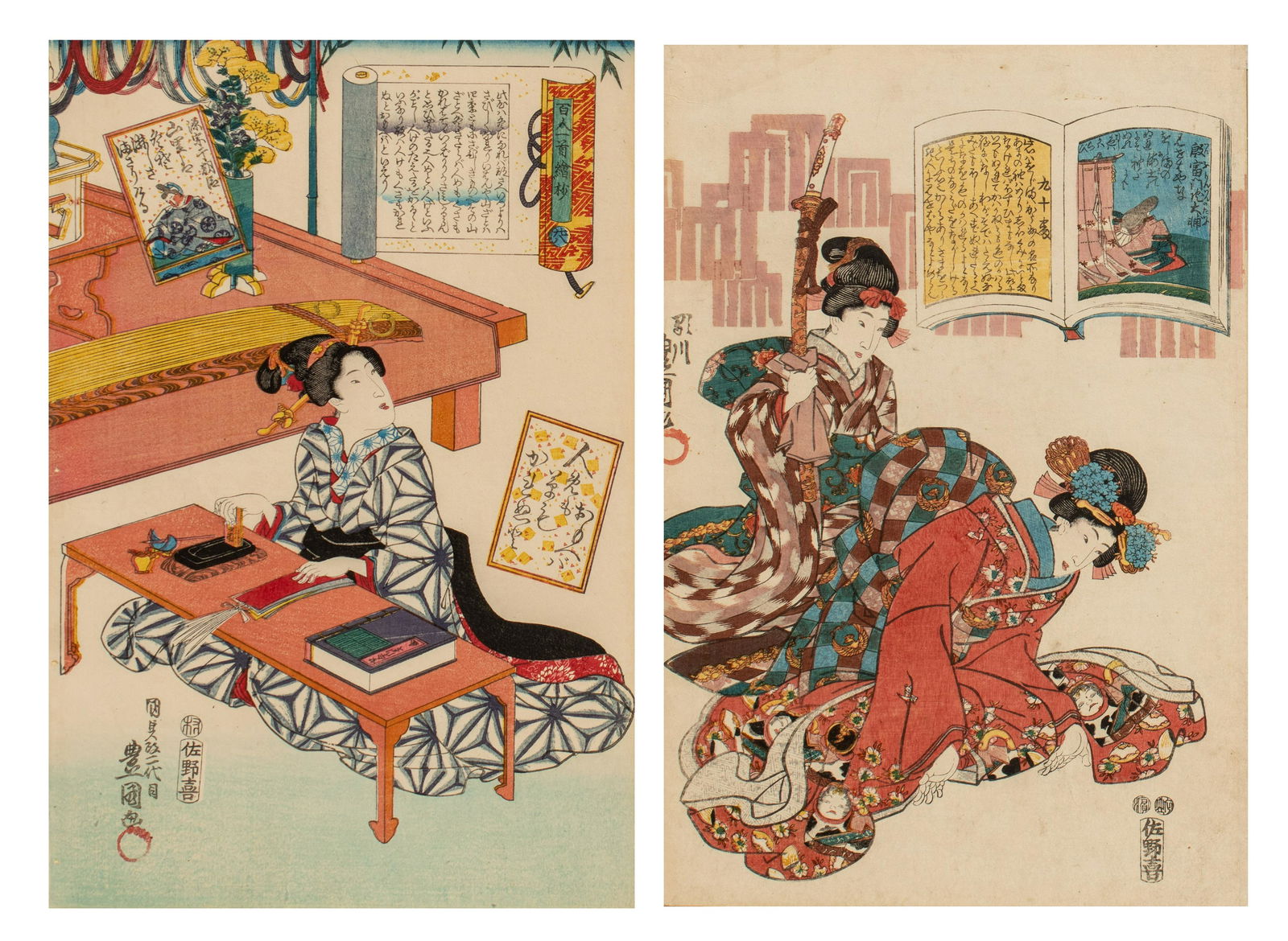 Two Japanese woodblock prints by Toyokuni, both from the series "the 100 poets", with courtesan (1 of 8)