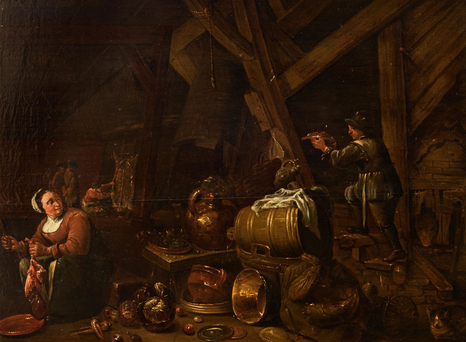 Follower of Cornelis Saftleven (c.1607-1681), a kitchen interior, oil on panel, 43 x 57 cm: Follower of Cornelis Saftleven (c.1607-1681), a kitchen interior, oil on panel, 43 x 57 cmThe added X-rays show that the composition 'Belshazzar's Feast' by Frans Francken II is visible underneath the