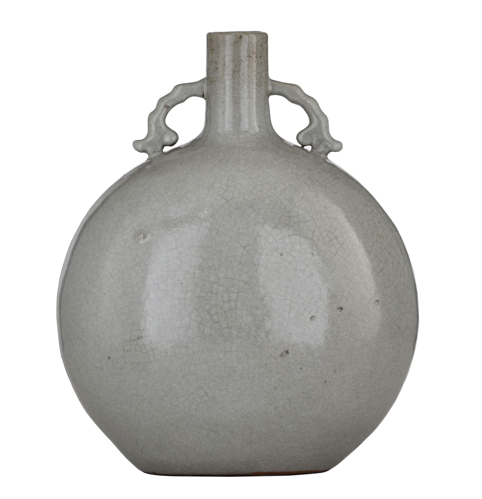 A Chinese celadon Ge-ware type celadon crackle-glaze moon flask, with a Yongzheng mark, H 27,5 cm (1 of 8)