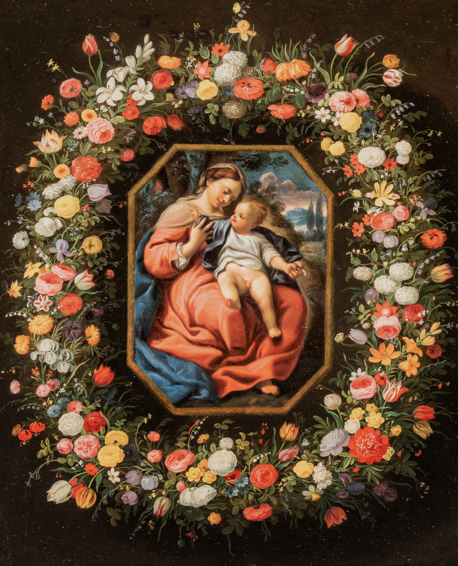 Jan Brueghel the Younger (1601-1678), Madonna with the child Jesus surrounded by a garland of: Jan Brueghel the Younger (1601-1678), Madonna with the child Jesus surrounded by a garland of flowers, oil on copper, 32 x 38,5 cmThis marvellous painting on copper was painted by Jan Brueghel, the yo
