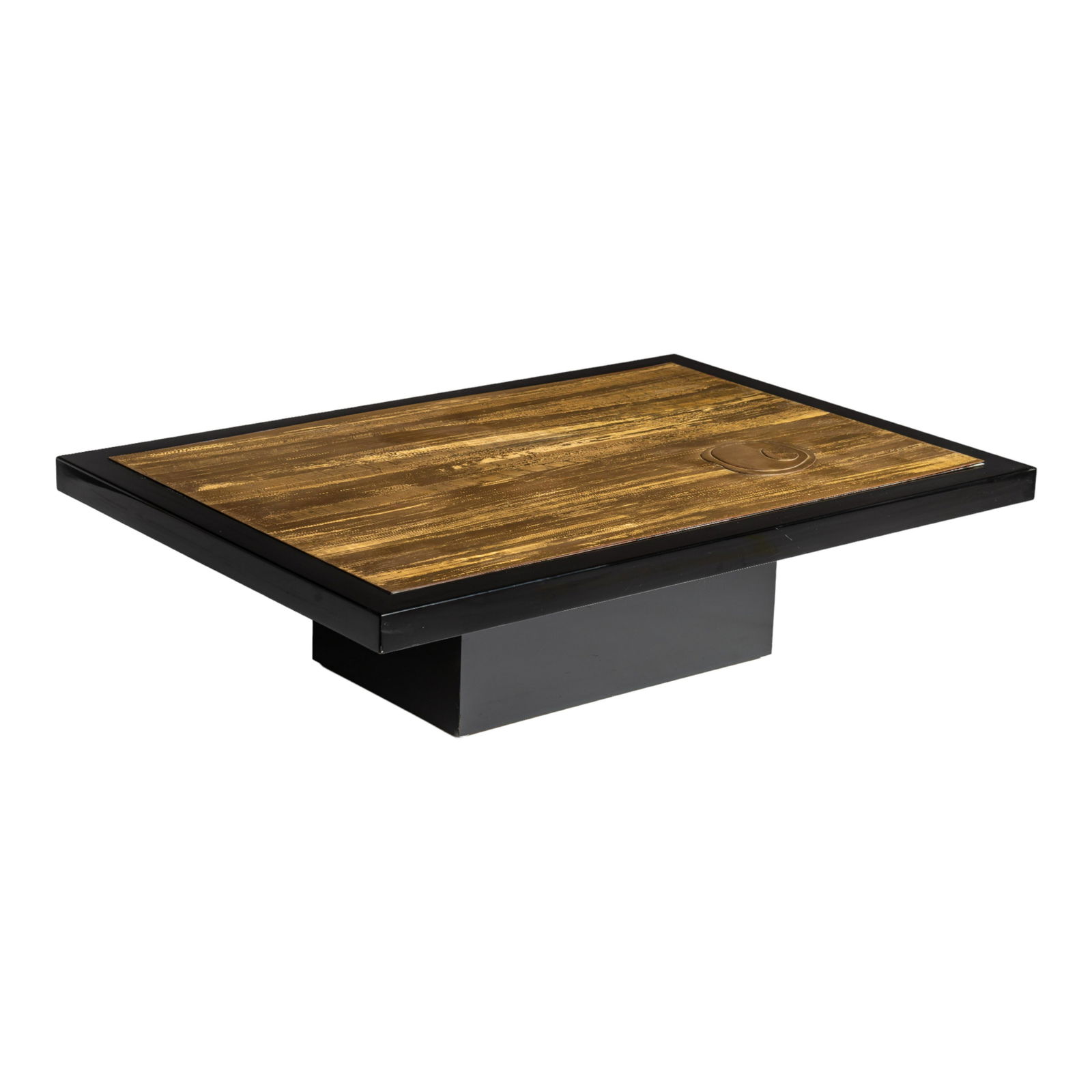 A vintage etched brass coffee table, signed Christian Krekels (1942), H 34 - W 130 - D 90 cm: A vintage etched brass coffee table, signed Christian Krekels (1942), H 34 - W 130 - D 90 cmBlack lacquered wood with etched brass top.Is possibly subject to the Artist's Resale Right / consult ‘Con